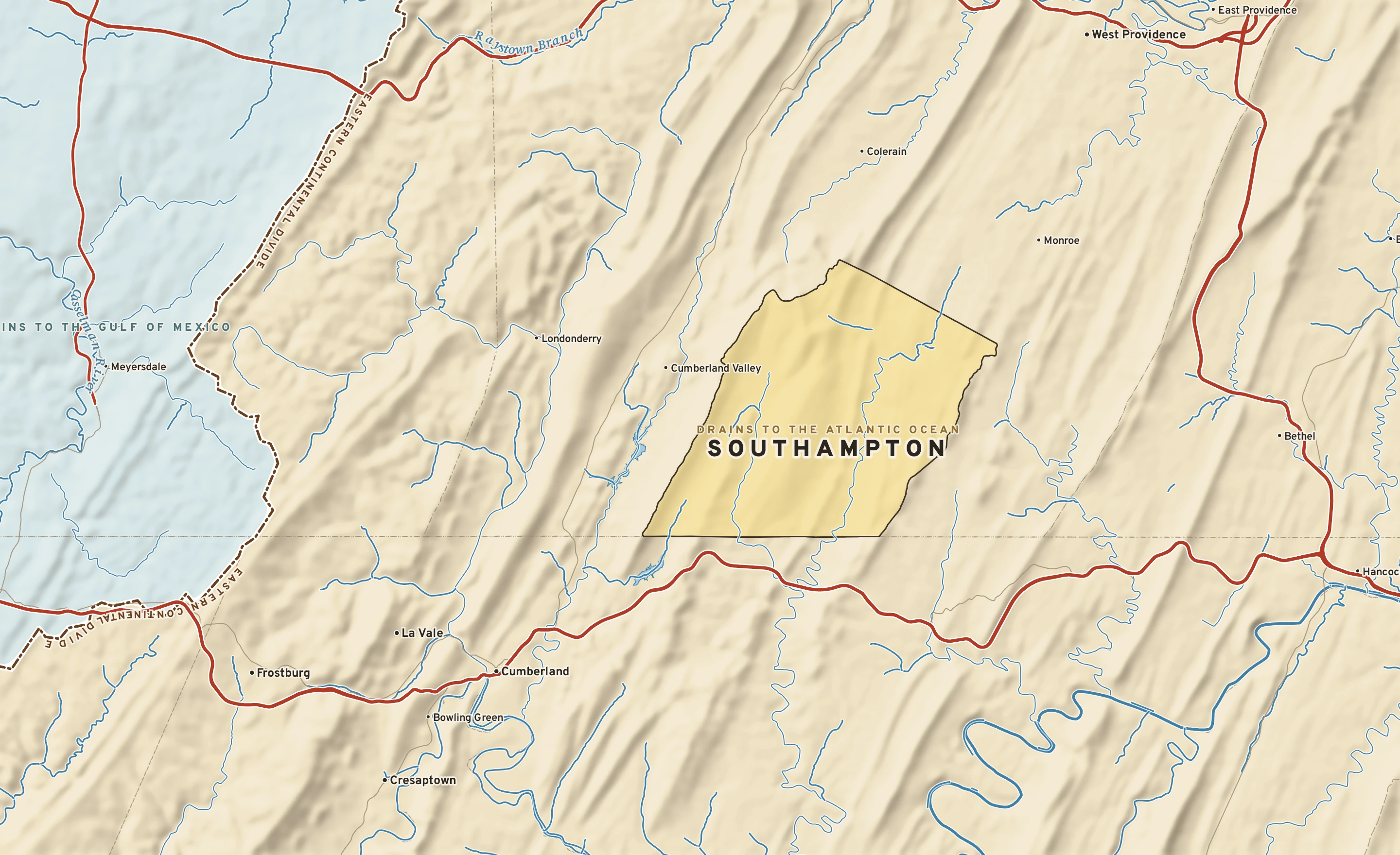 Shaded-relief atlas plate of Southampton, Pennsylvania: rivers, roads, the city limits and where the water drains.