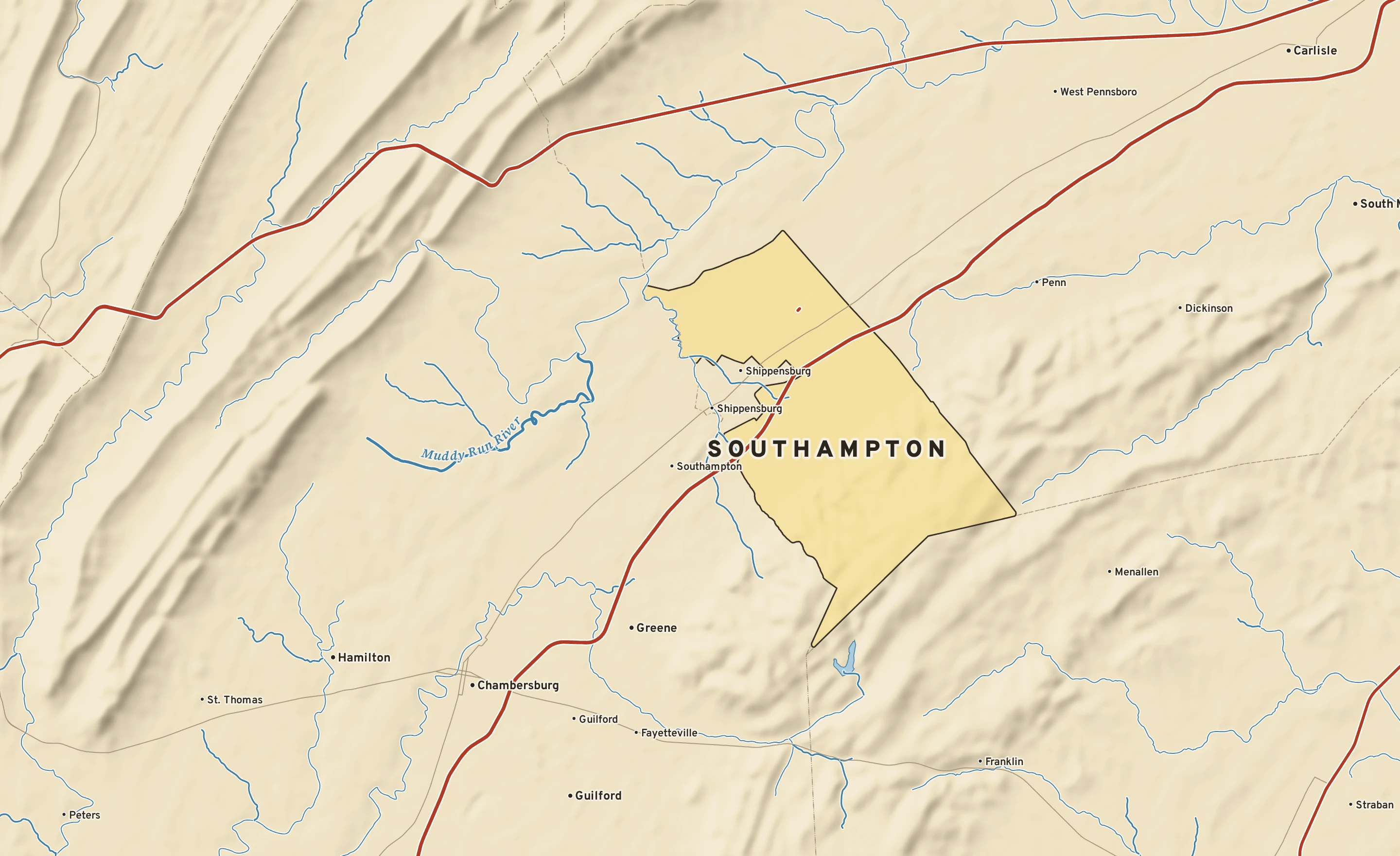Shaded-relief atlas plate of Southampton, Pennsylvania: rivers, roads, the city limits and where the water drains.