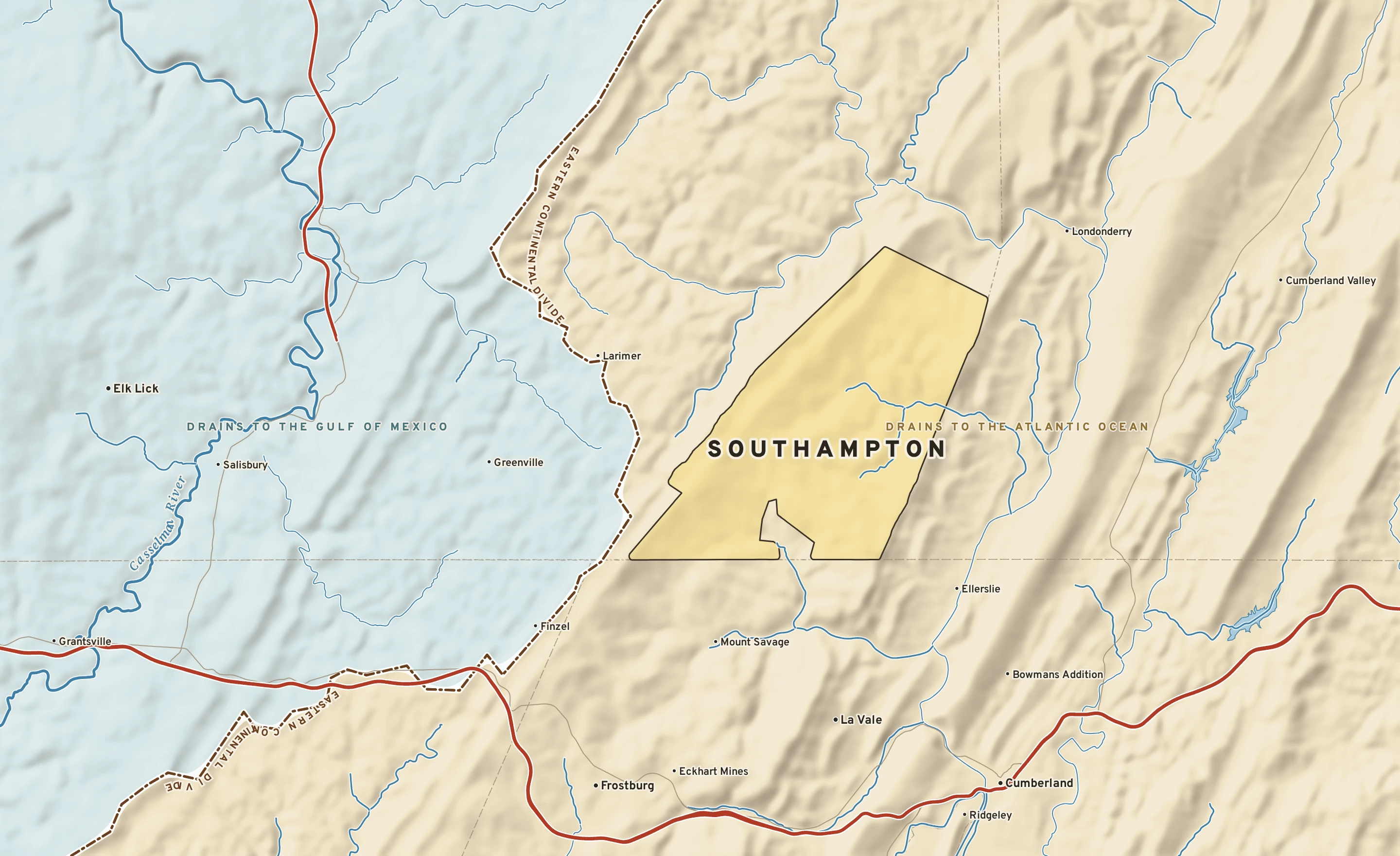 Shaded-relief atlas plate of Southampton, Pennsylvania: rivers, roads, the city limits and where the water drains.