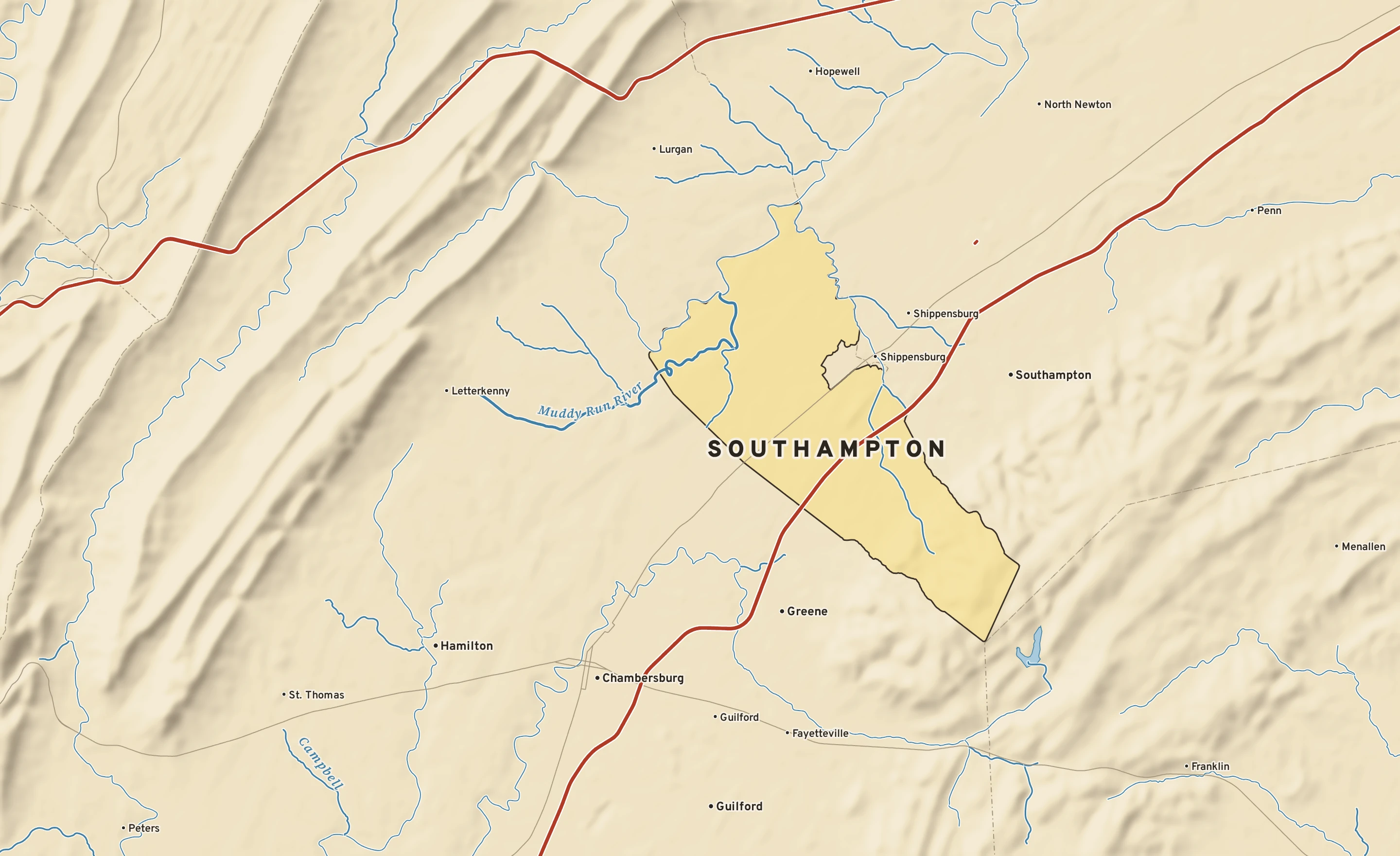 Shaded-relief atlas plate of Southampton, Pennsylvania: rivers, roads, the city limits and where the water drains.