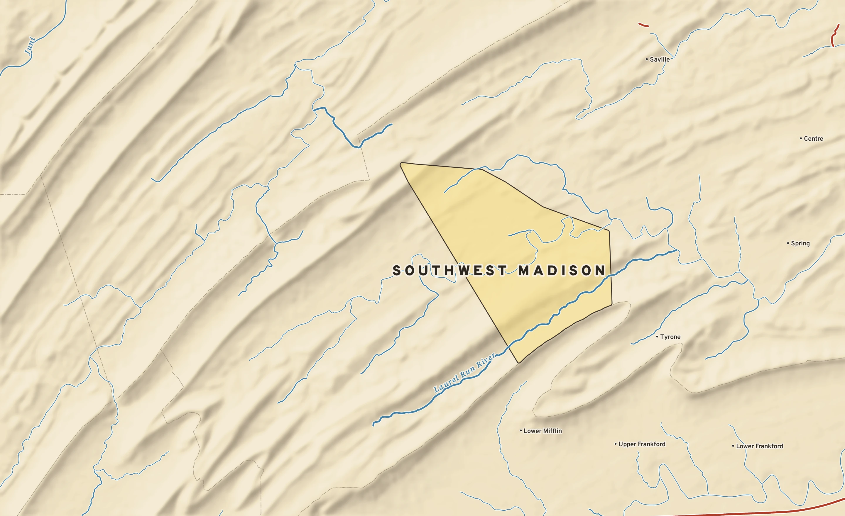 Shaded-relief atlas plate of Southwest Madison, Pennsylvania: rivers, roads, the city limits and where the water drains.