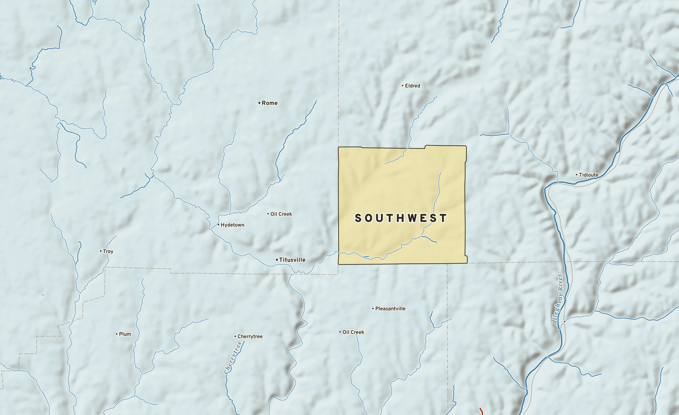 Shaded-relief atlas plate of Southwest, Pennsylvania: rivers, roads, the city limits and where the water drains.