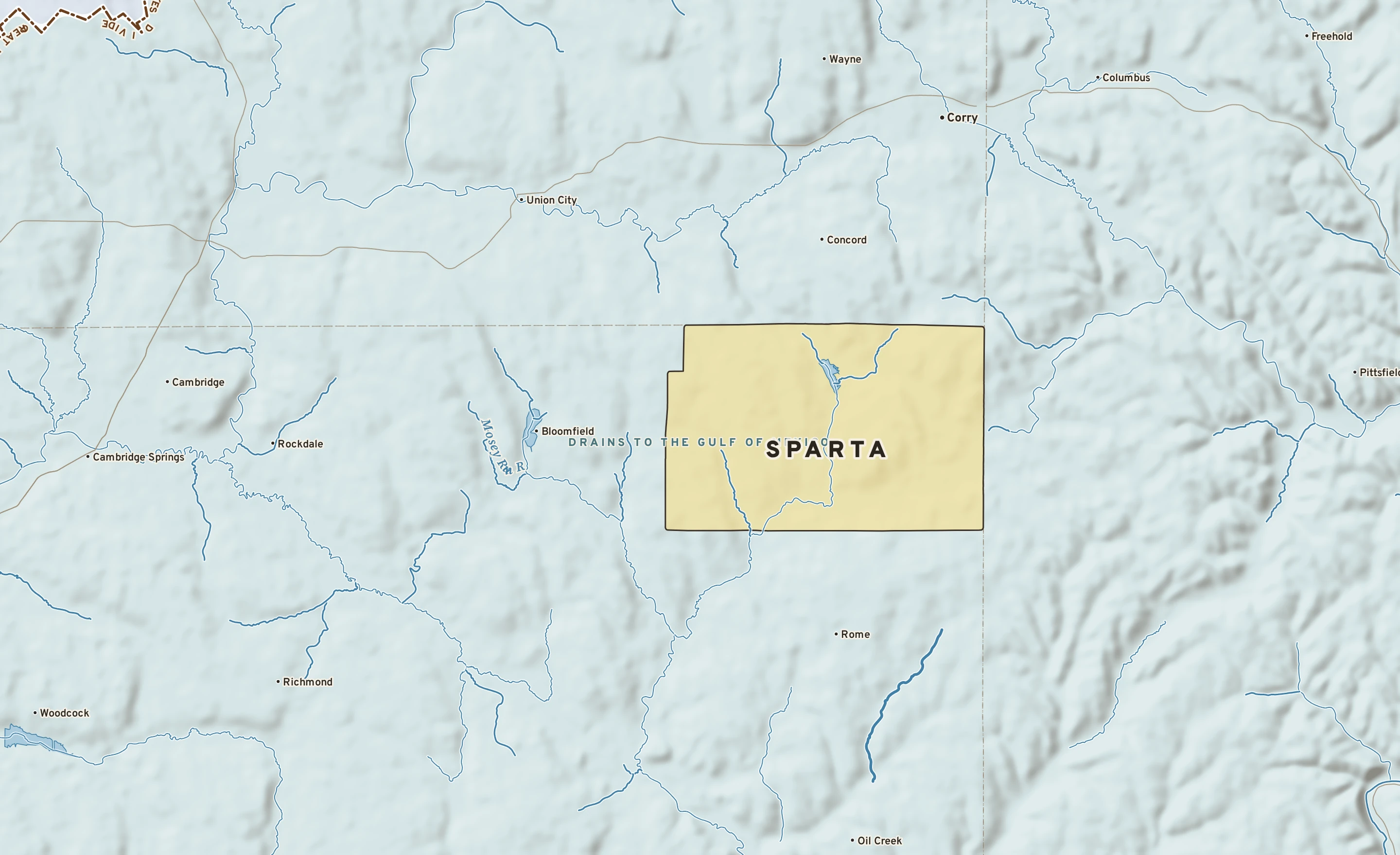 Shaded-relief atlas plate of Sparta, Pennsylvania: rivers, roads, the city limits and where the water drains.