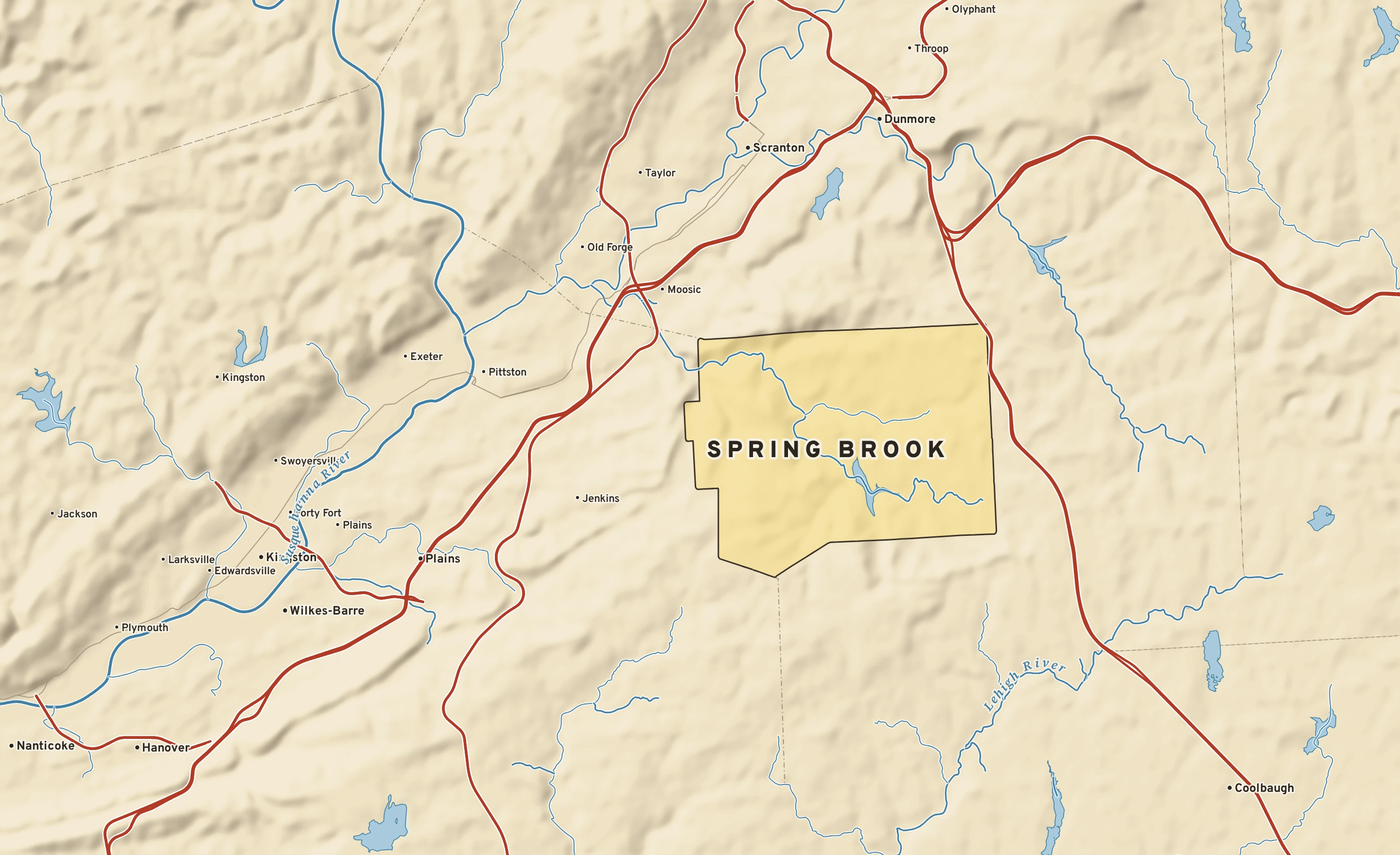 Shaded-relief atlas plate of Spring Brook, Pennsylvania: rivers, roads, the city limits and where the water drains.