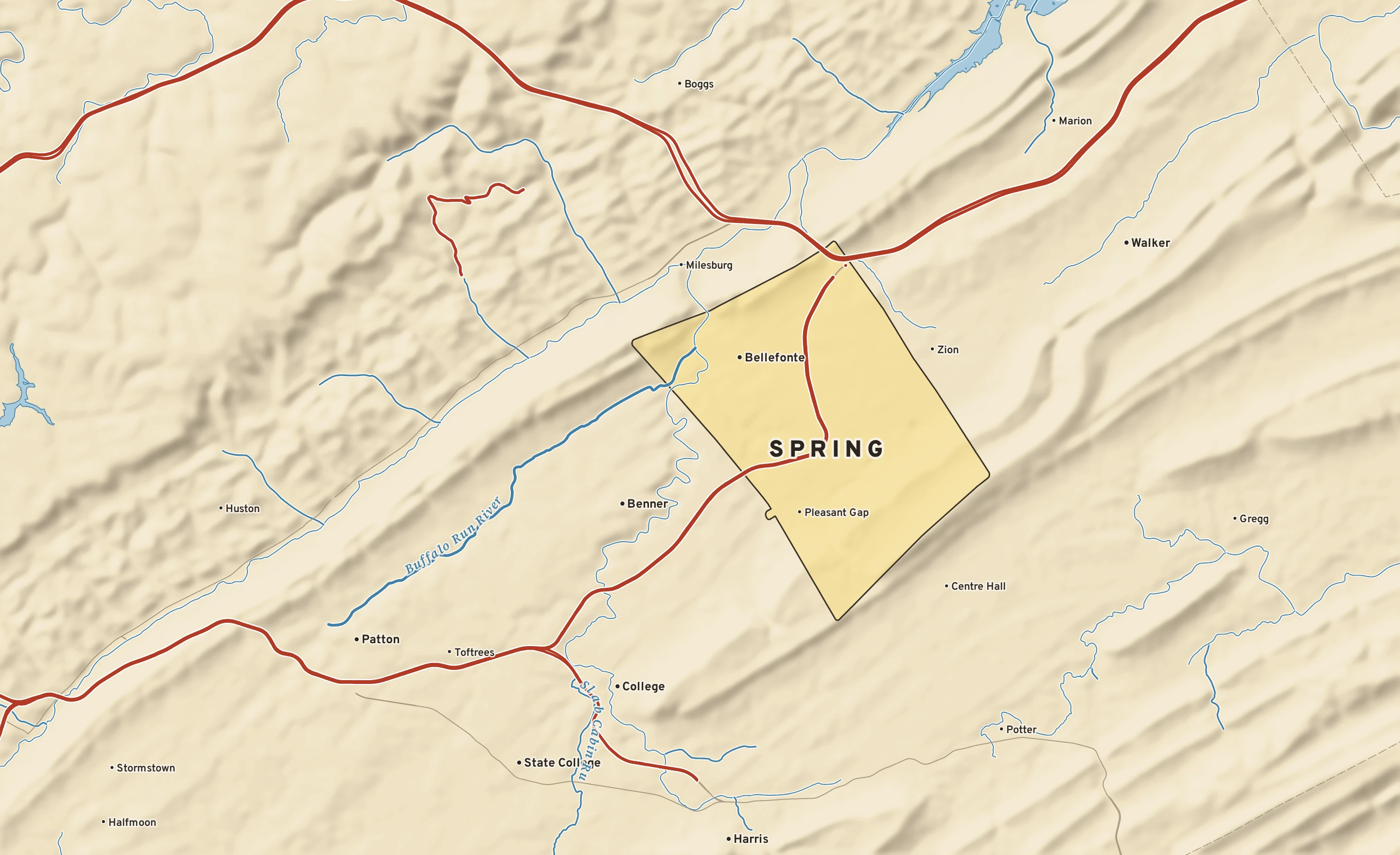 Shaded-relief atlas plate of Spring, Pennsylvania: rivers, roads, the city limits and where the water drains.