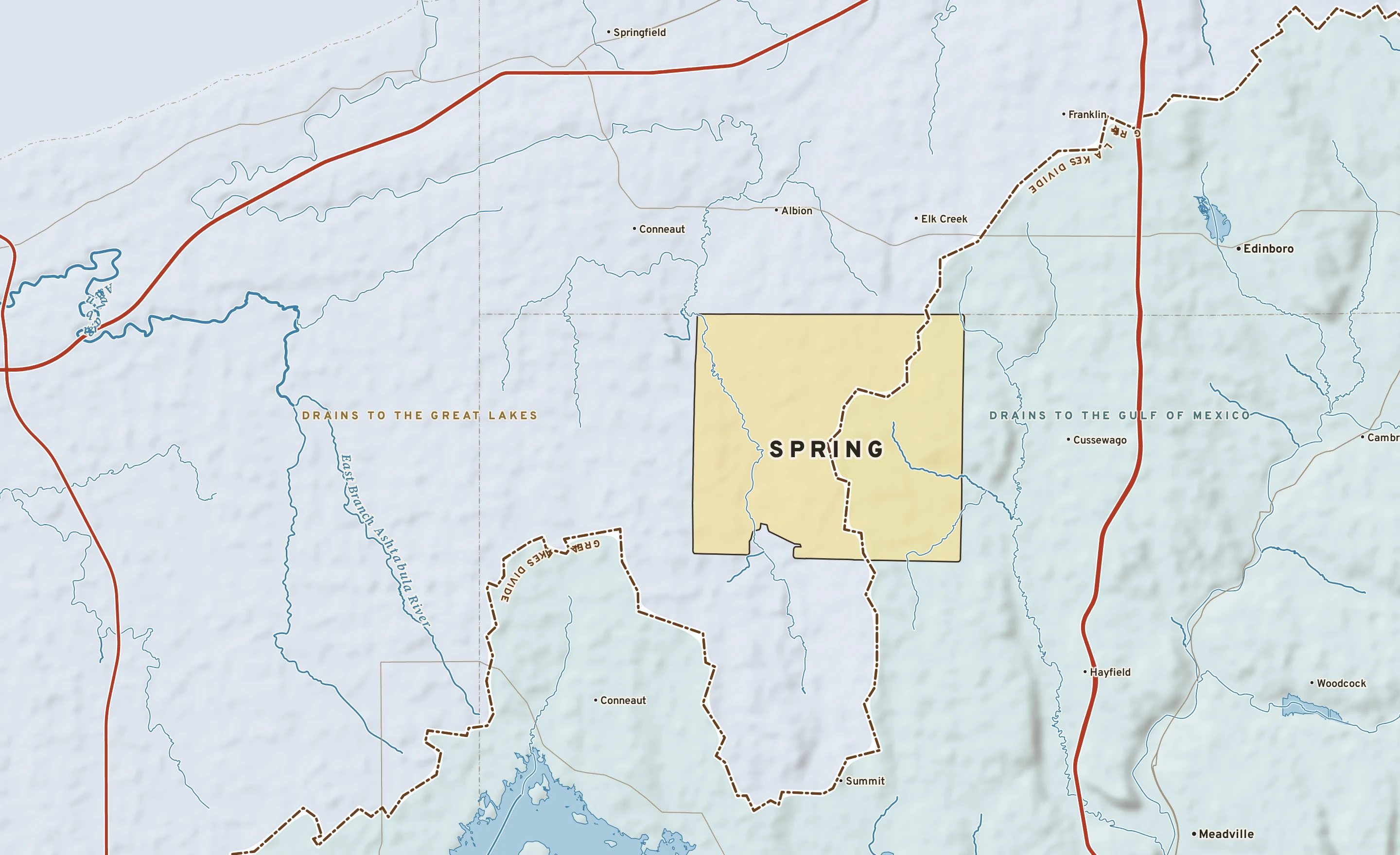 Shaded-relief atlas plate of Spring, Pennsylvania: rivers, roads, the city limits and where the water drains.