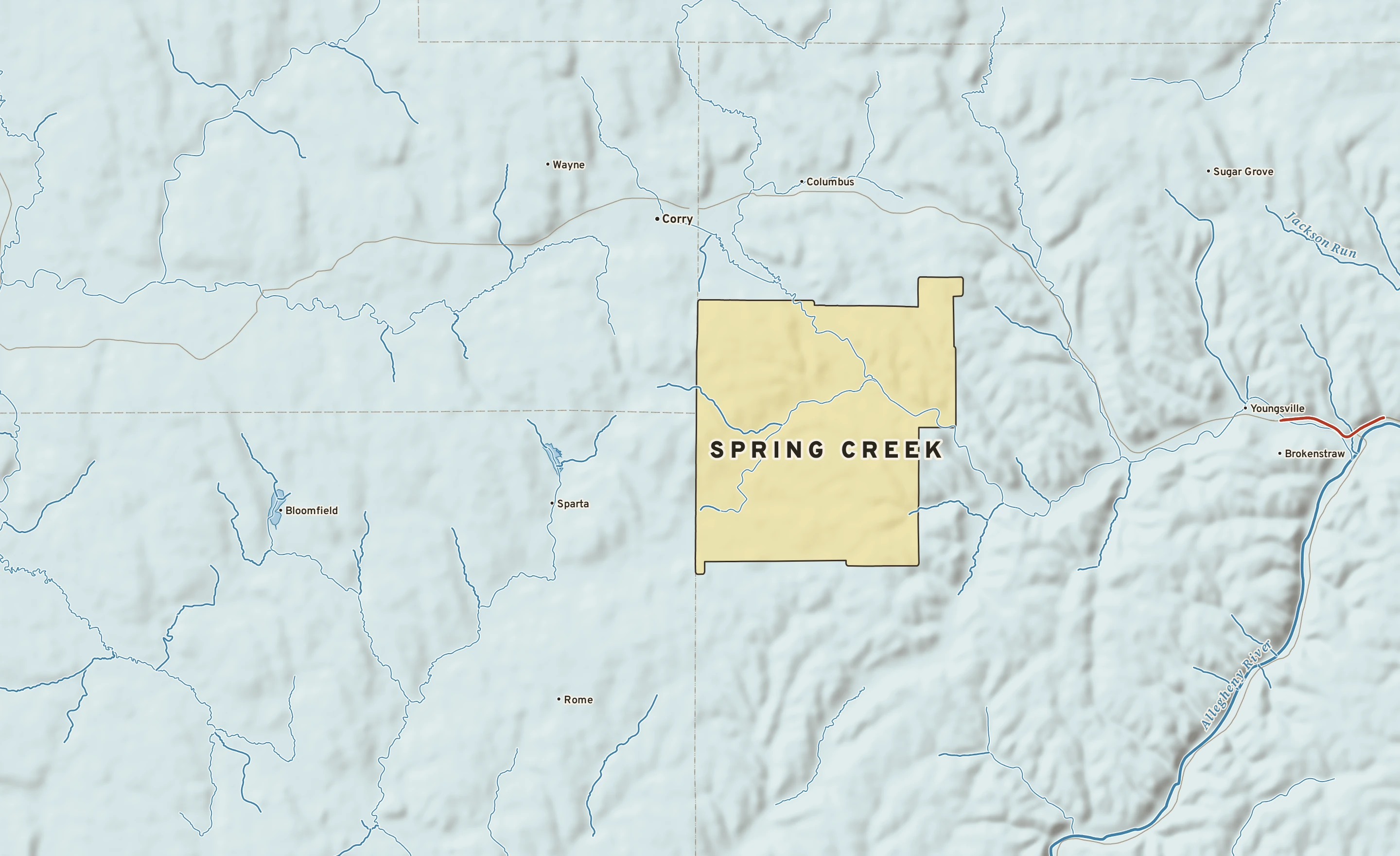 Shaded-relief atlas plate of Spring Creek, Pennsylvania: rivers, roads, the city limits and where the water drains.