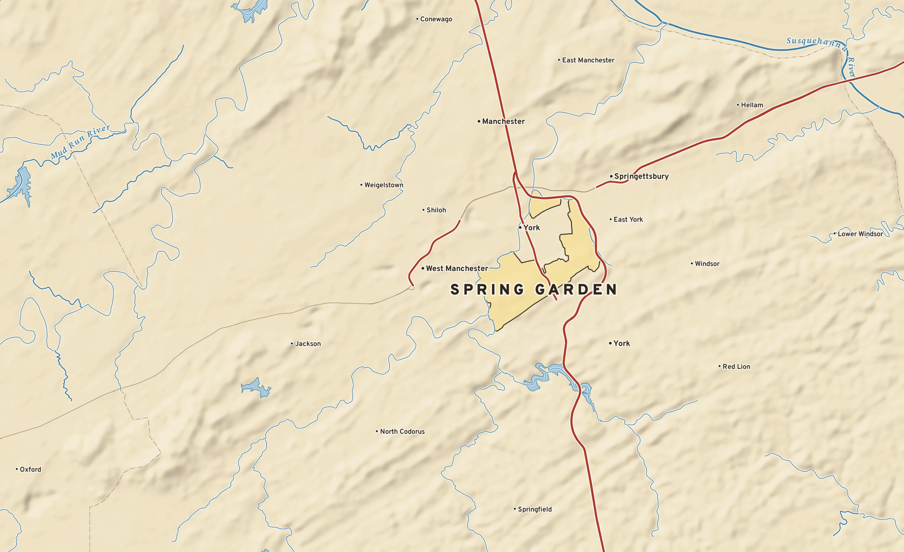 Shaded-relief atlas plate of Spring Garden, Pennsylvania: rivers, roads, the city limits and where the water drains.