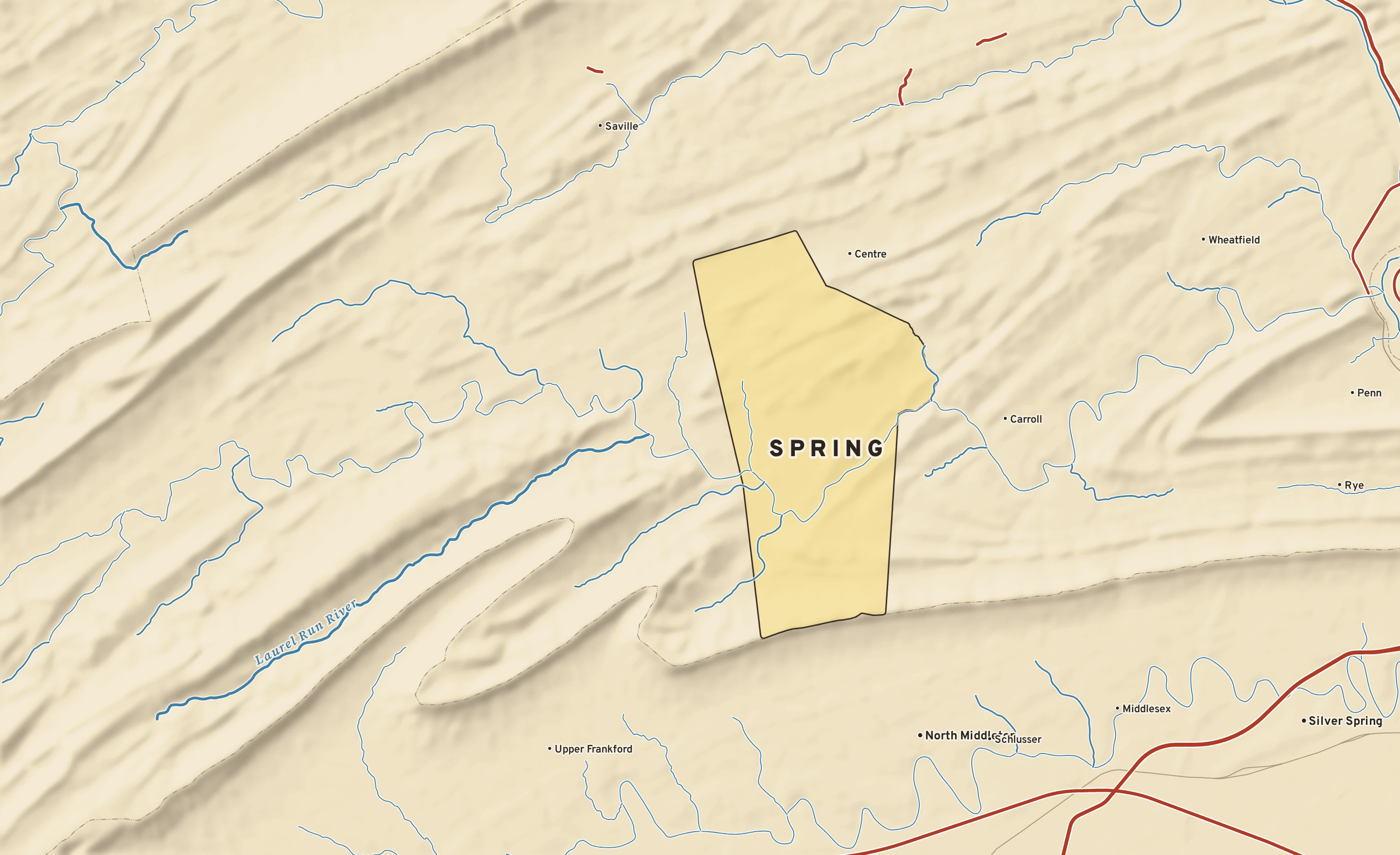 Shaded-relief atlas plate of Spring, Pennsylvania: rivers, roads, the city limits and where the water drains.