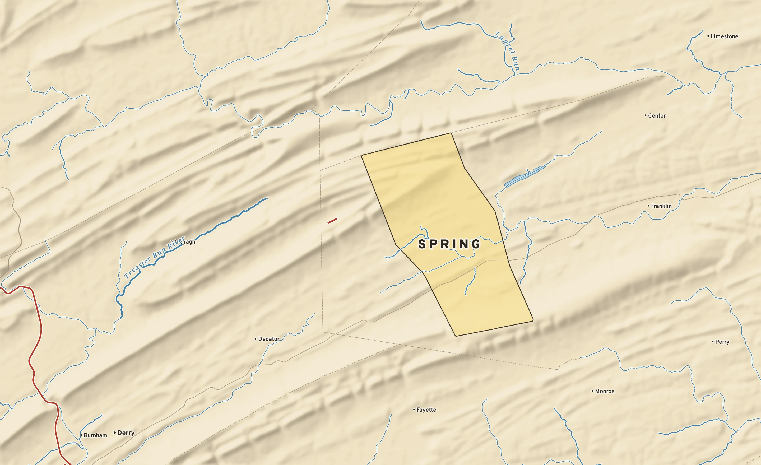 Shaded-relief atlas plate of Spring, Pennsylvania: rivers, roads, the city limits and where the water drains.