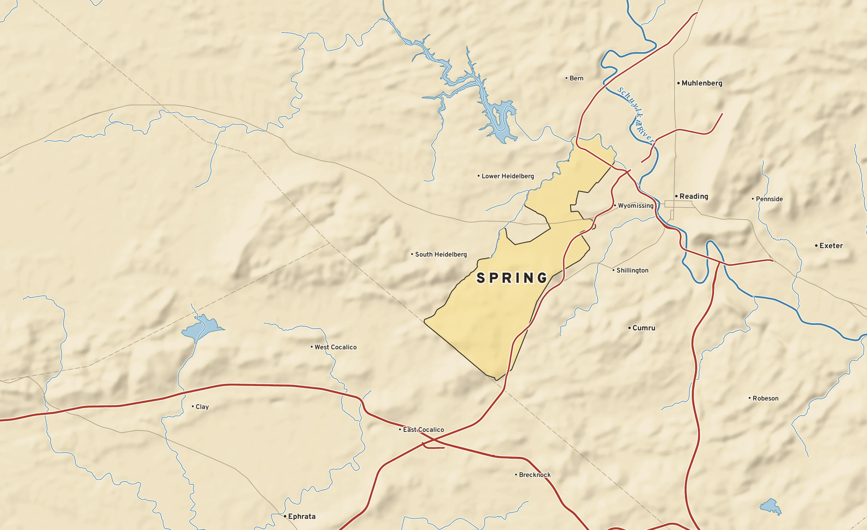 Shaded-relief atlas plate of Spring, Pennsylvania: rivers, roads, the city limits and where the water drains.
