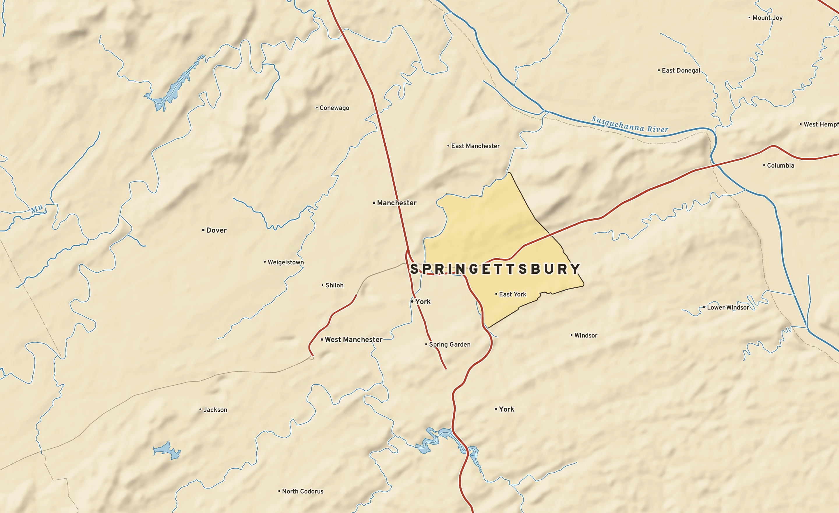 Shaded-relief atlas plate of Springettsbury, Pennsylvania: rivers, roads, the city limits and where the water drains.