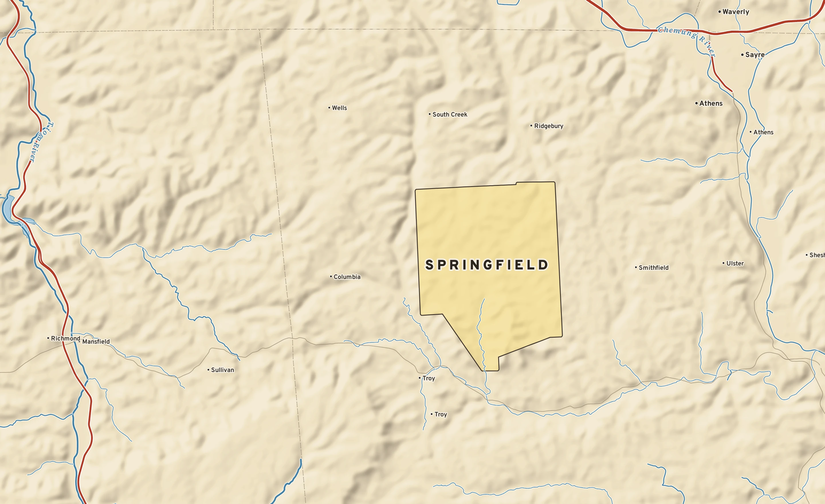 Shaded-relief atlas plate of Springfield, Pennsylvania: rivers, roads, the city limits and where the water drains.