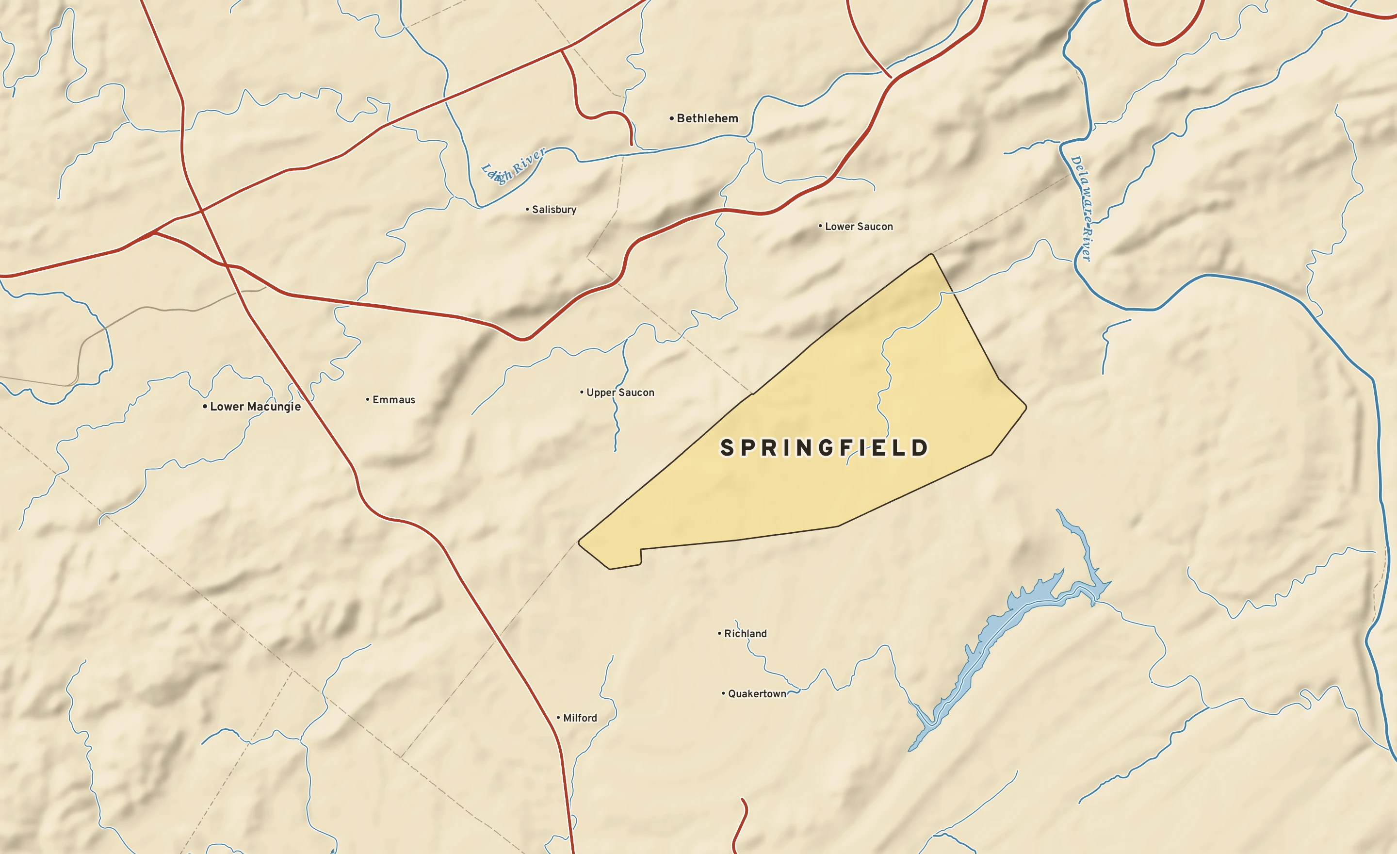 Shaded-relief atlas plate of Springfield, Pennsylvania: rivers, roads, the city limits and where the water drains.