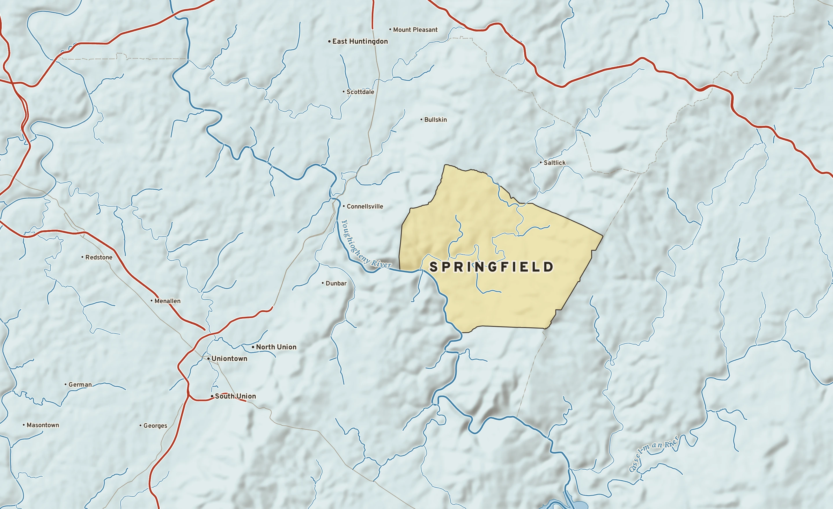 Shaded-relief atlas plate of Springfield, Pennsylvania: rivers, roads, the city limits and where the water drains.