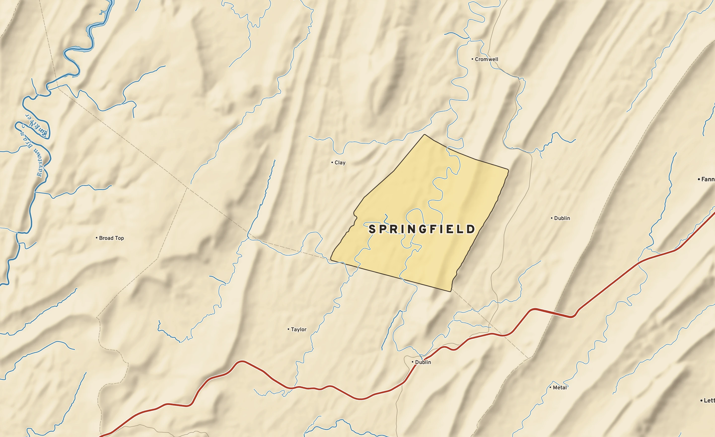 Shaded-relief atlas plate of Springfield, Pennsylvania: rivers, roads, the city limits and where the water drains.