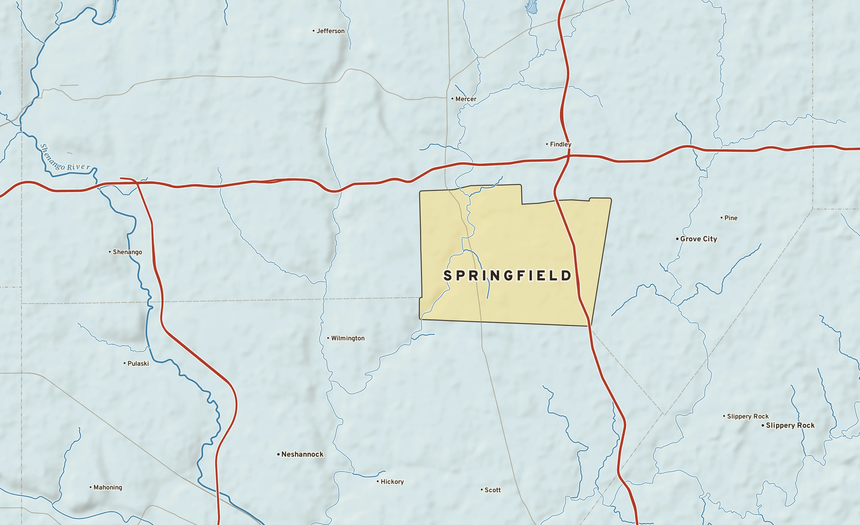 Shaded-relief atlas plate of Springfield, Pennsylvania: rivers, roads, the city limits and where the water drains.