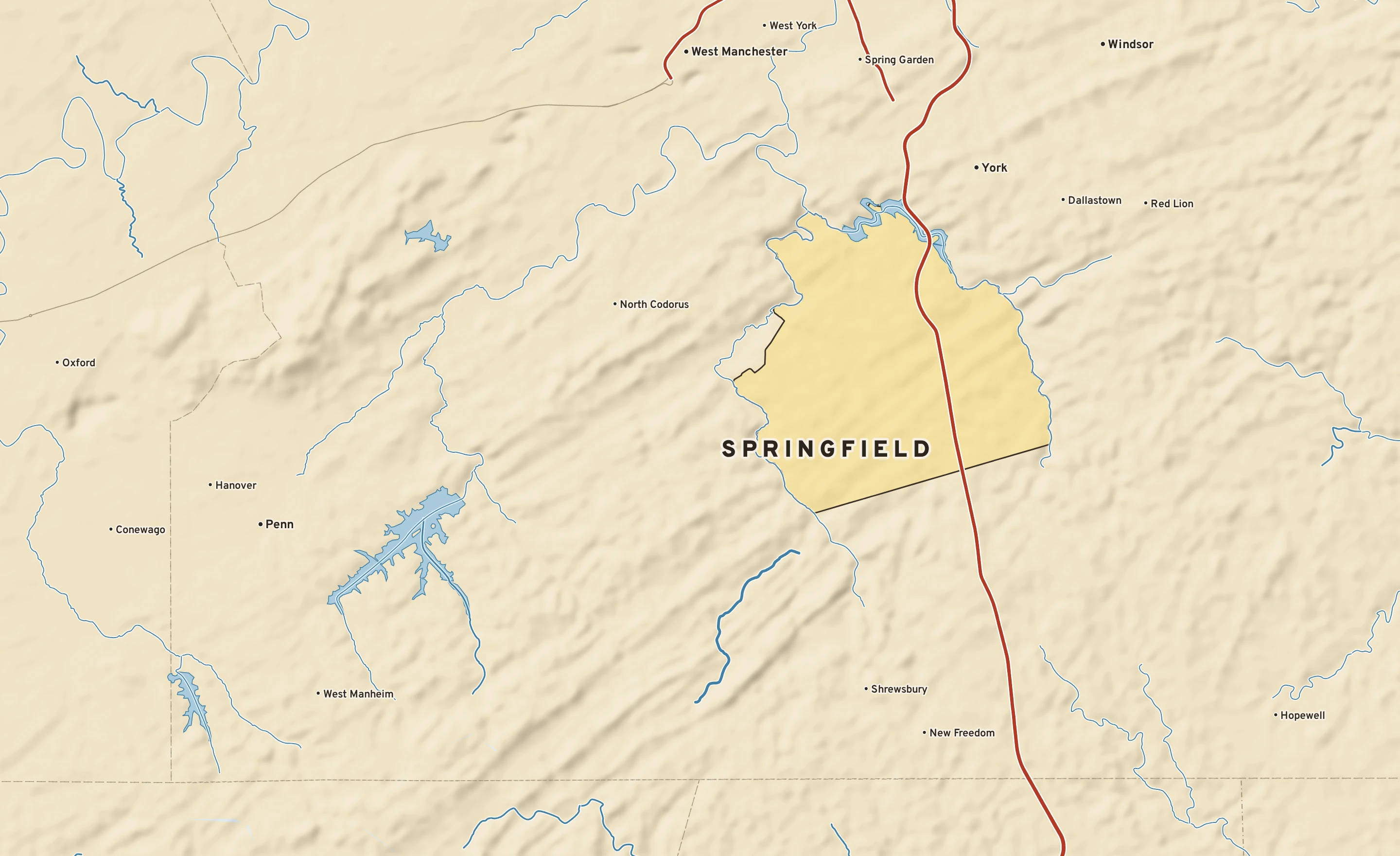Shaded-relief atlas plate of Springfield, Pennsylvania: rivers, roads, the city limits and where the water drains.