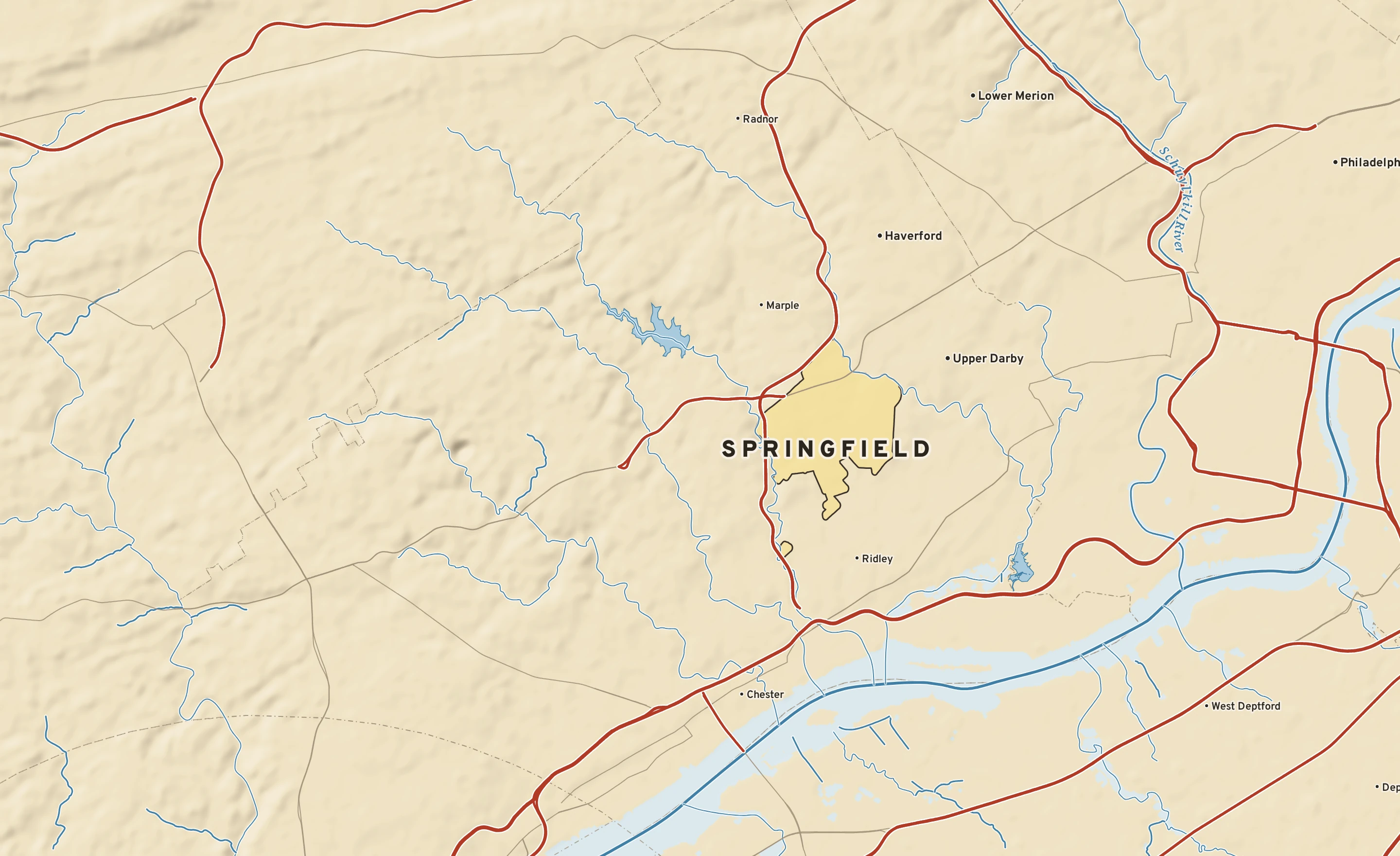 Shaded-relief atlas plate of Springfield, Pennsylvania: rivers, roads, the city limits and where the water drains.