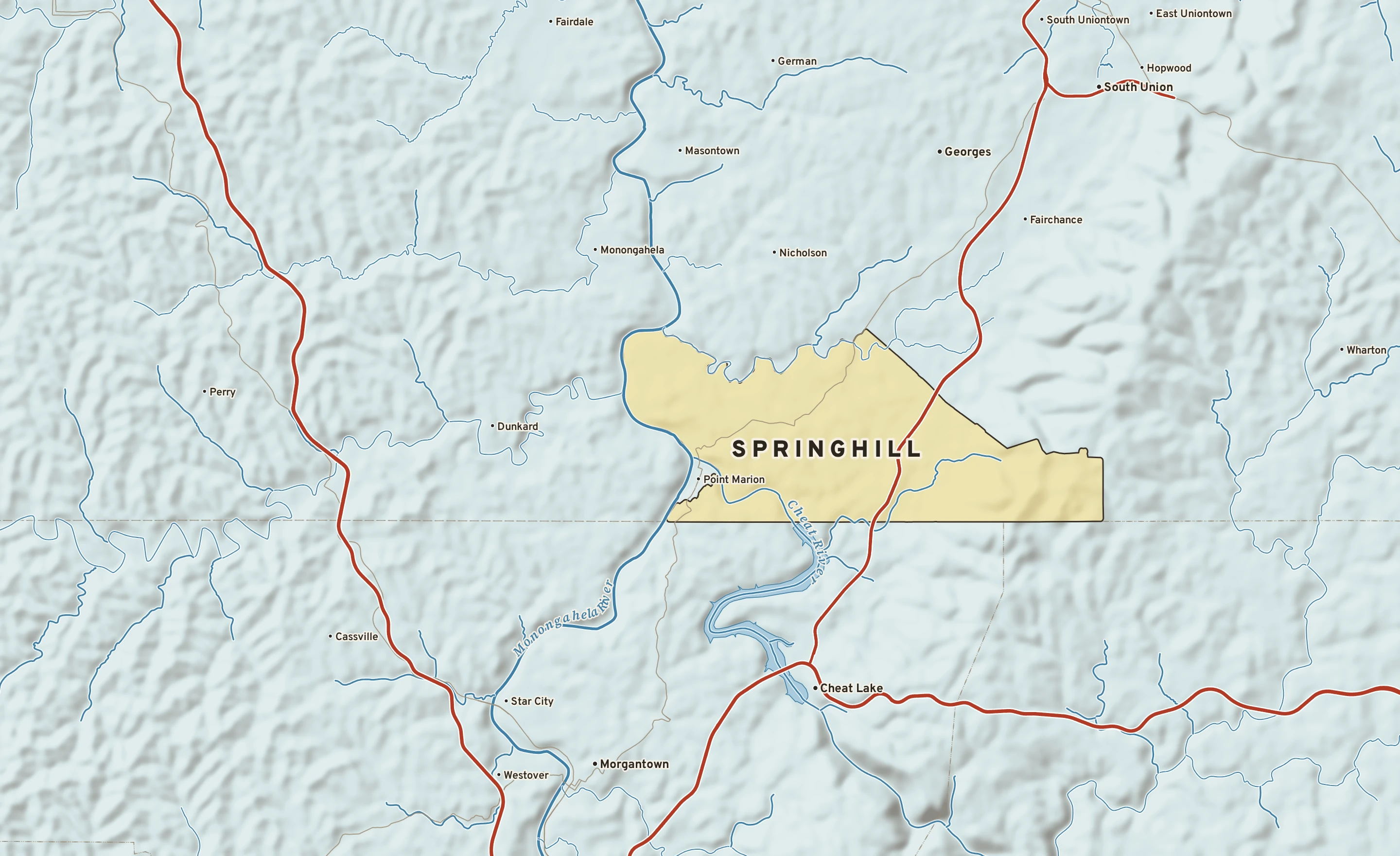 Shaded-relief atlas plate of Springhill, Pennsylvania: rivers, roads, the city limits and where the water drains.