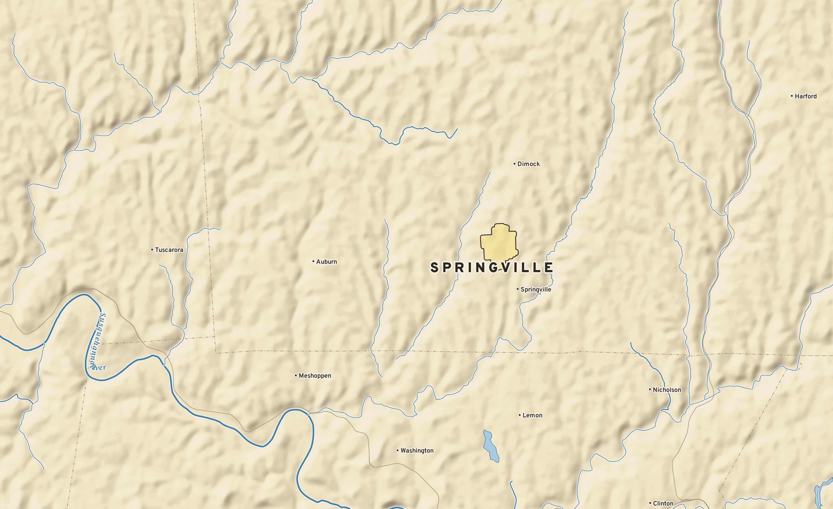 Shaded-relief atlas plate of Springville, Pennsylvania: rivers, roads, the city limits and where the water drains.