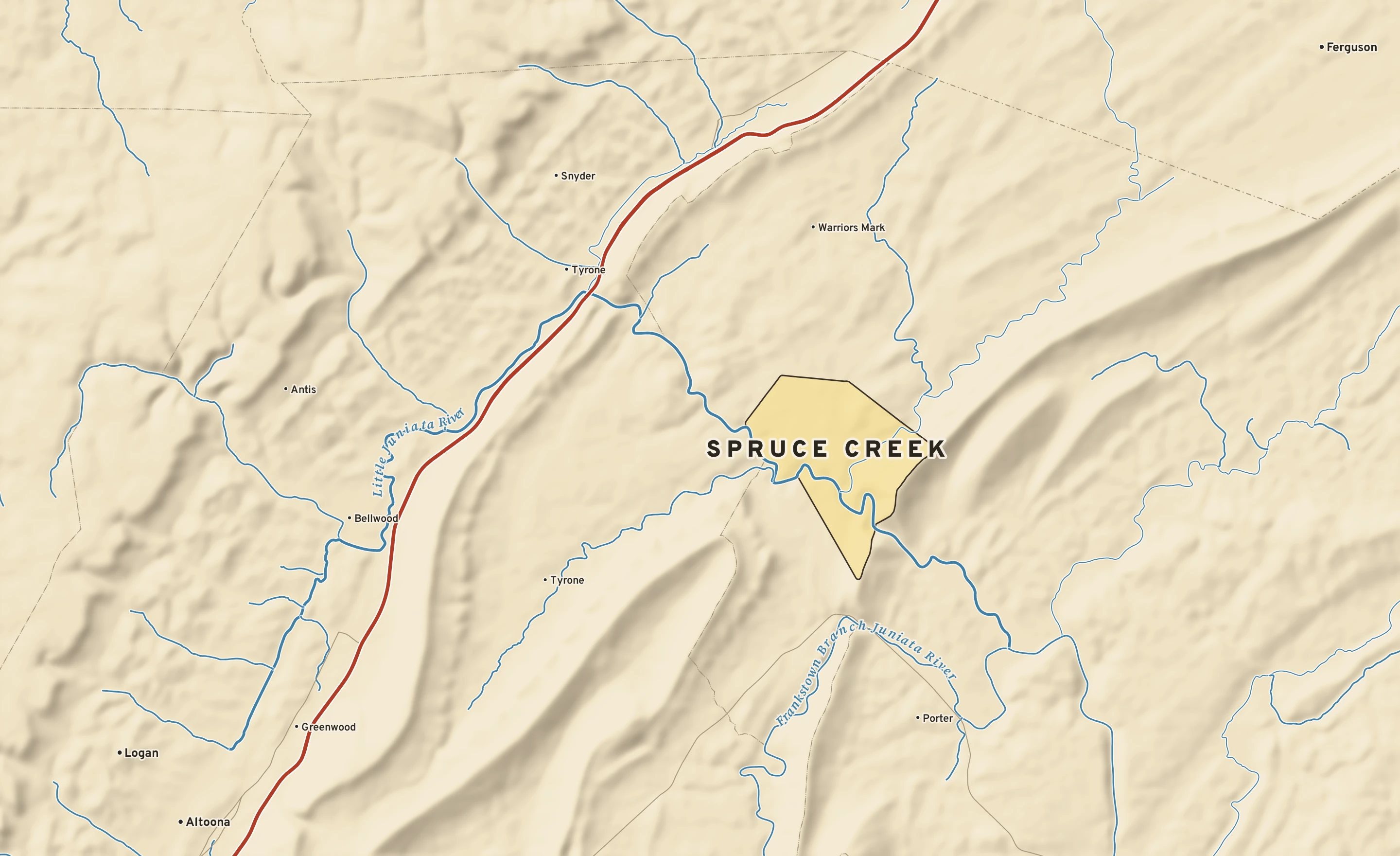 Shaded-relief atlas plate of Spruce Creek, Pennsylvania: rivers, roads, the city limits and where the water drains.