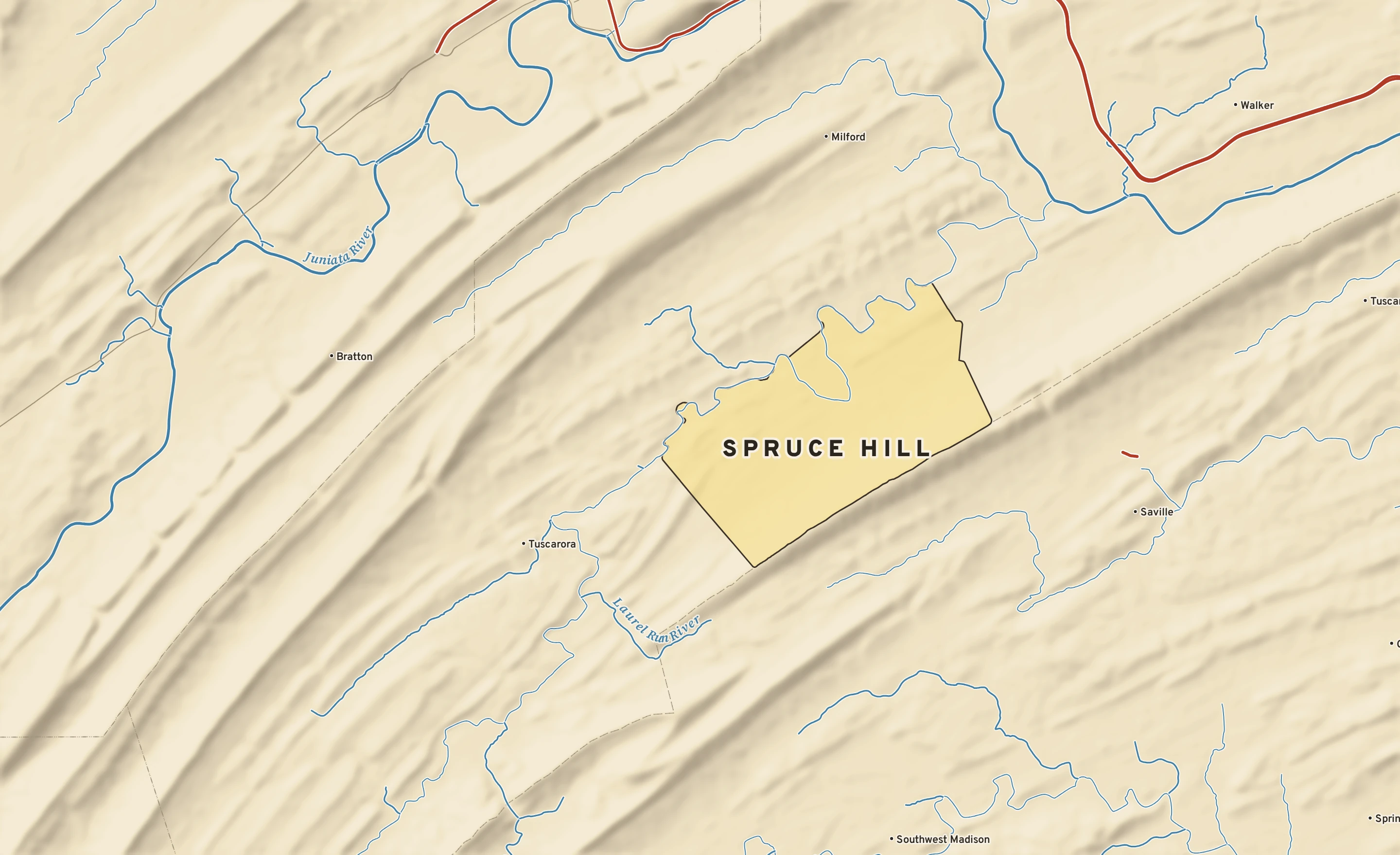 Shaded-relief atlas plate of Spruce Hill, Pennsylvania: rivers, roads, the city limits and where the water drains.