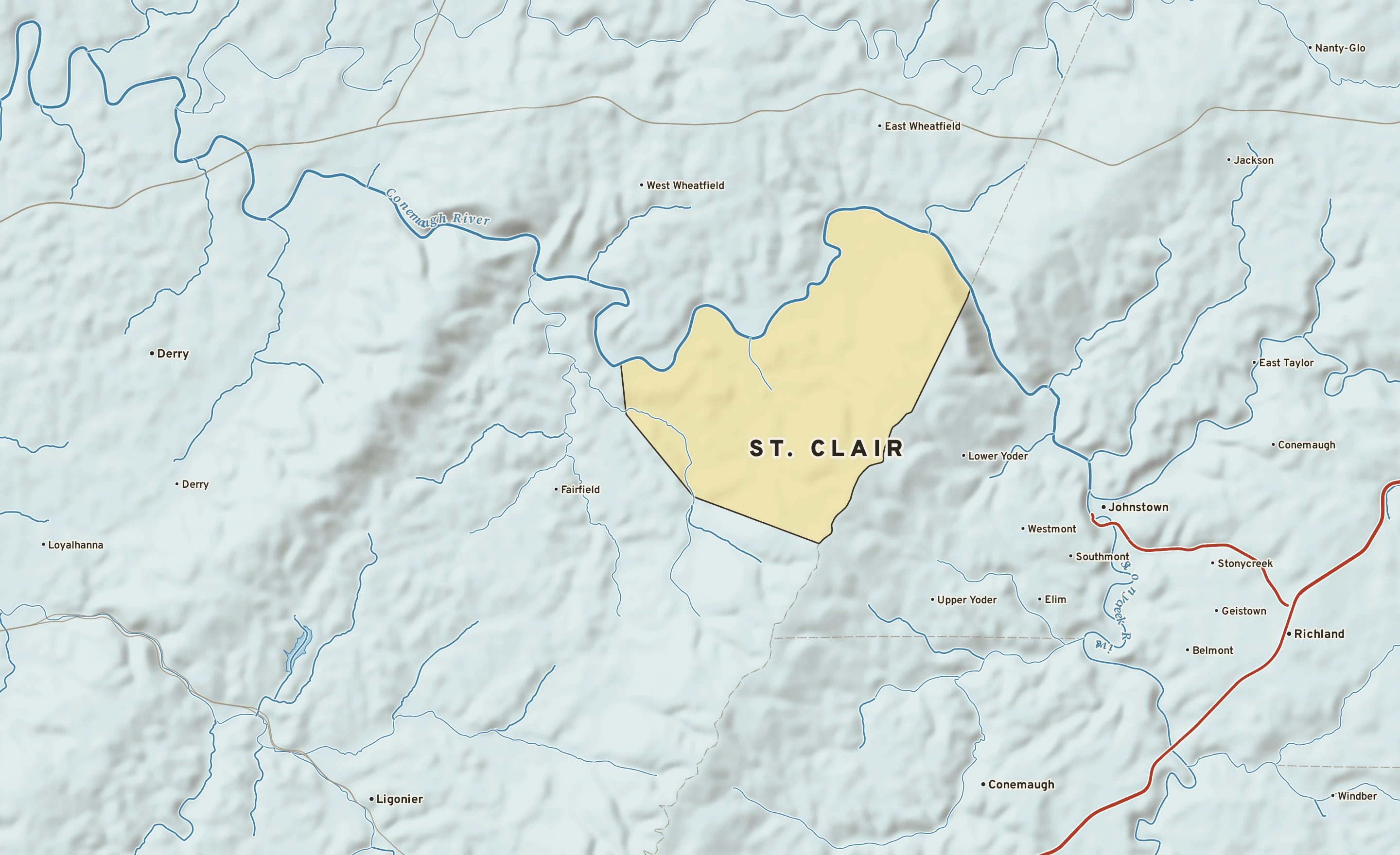 Shaded-relief atlas plate of St. Clair, Pennsylvania: rivers, roads, the city limits and where the water drains.