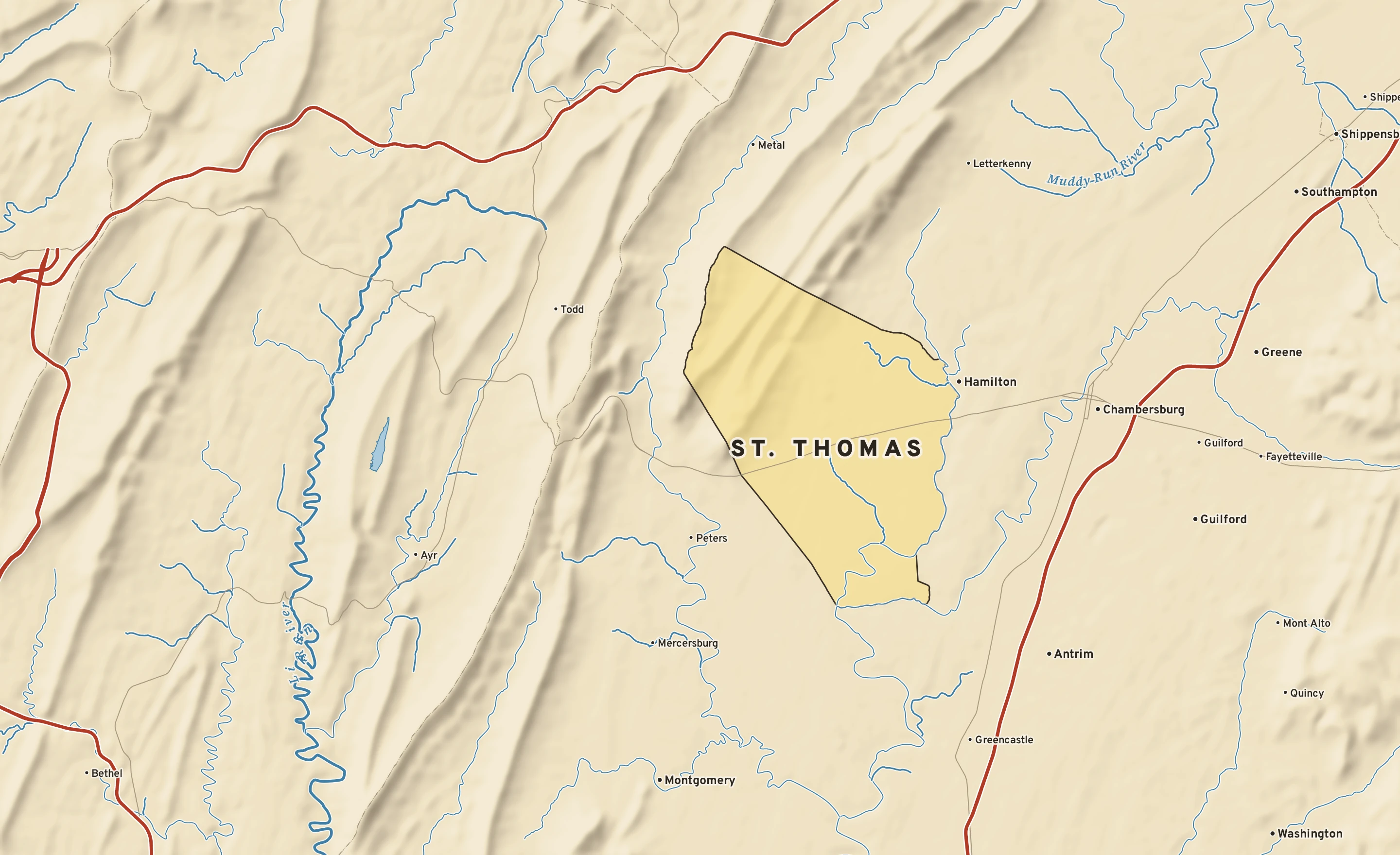 Shaded-relief atlas plate of St. Thomas, Pennsylvania: rivers, roads, the city limits and where the water drains.