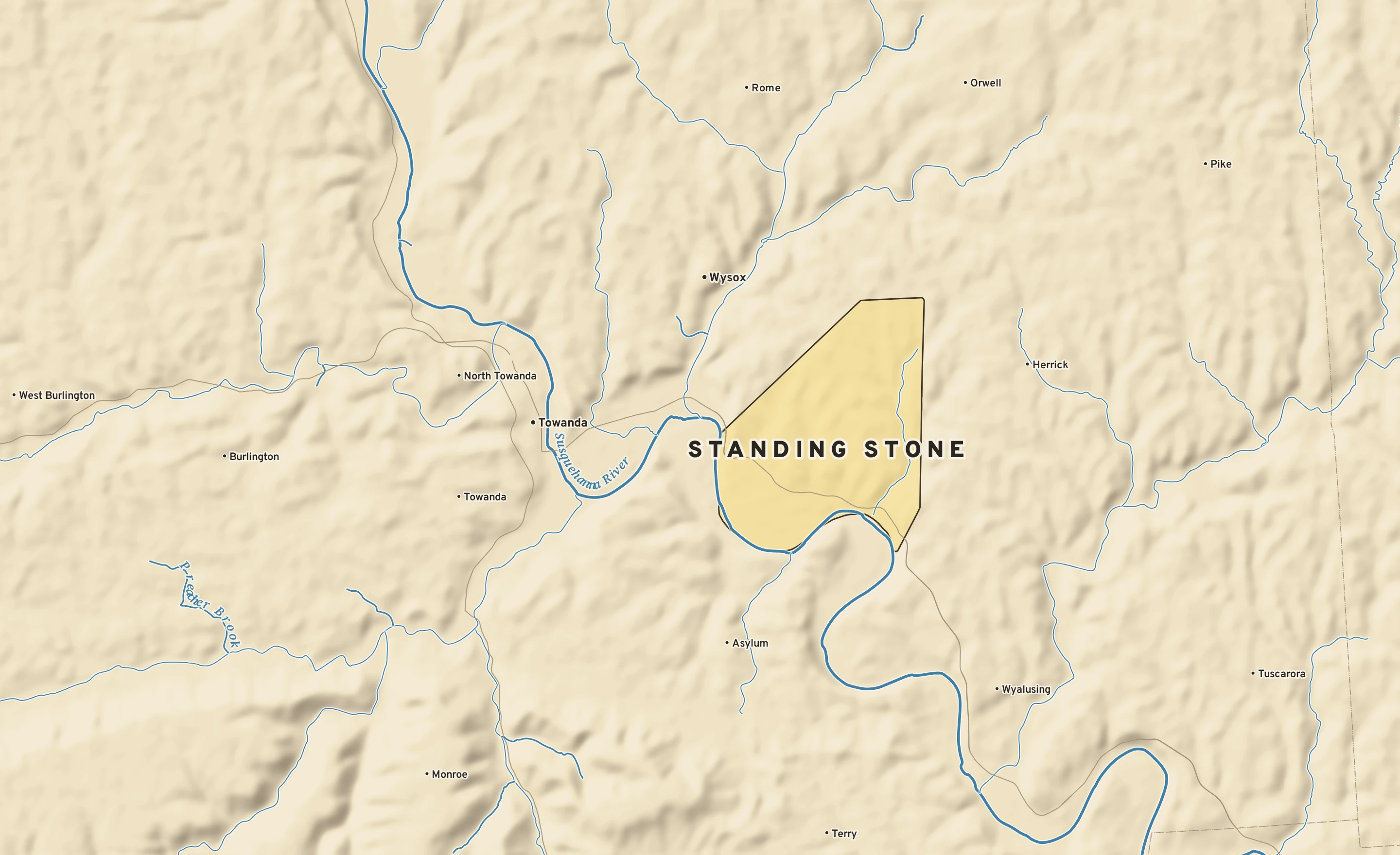 Shaded-relief atlas plate of Standing Stone, Pennsylvania: rivers, roads, the city limits and where the water drains.