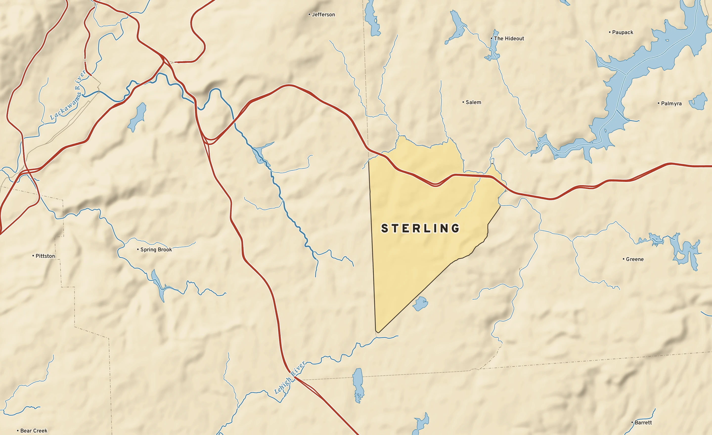 Shaded-relief atlas plate of Sterling, Pennsylvania: rivers, roads, the city limits and where the water drains.