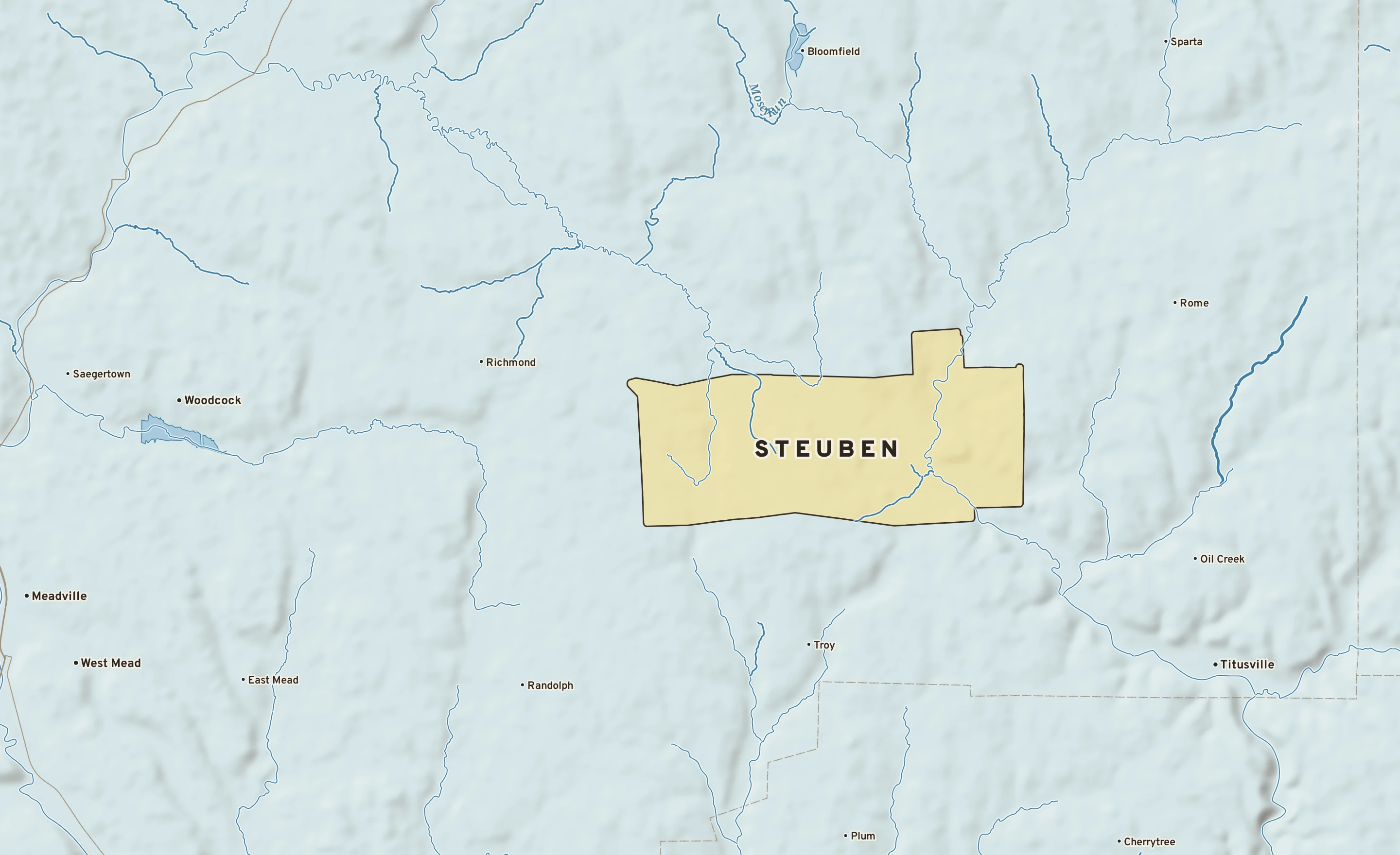 Shaded-relief atlas plate of Steuben, Pennsylvania: rivers, roads, the city limits and where the water drains.
