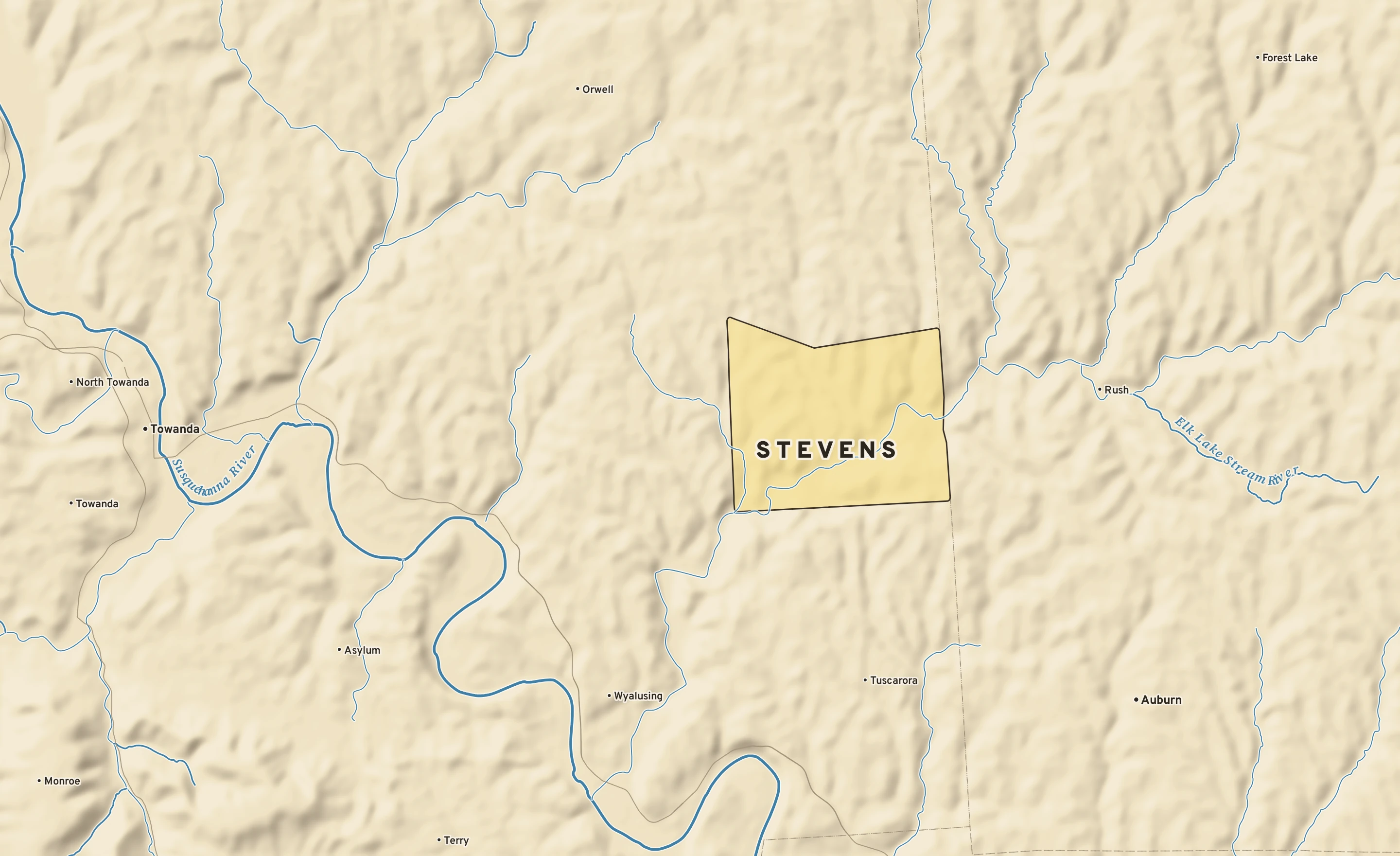 Shaded-relief atlas plate of Stevens, Pennsylvania: rivers, roads, the city limits and where the water drains.