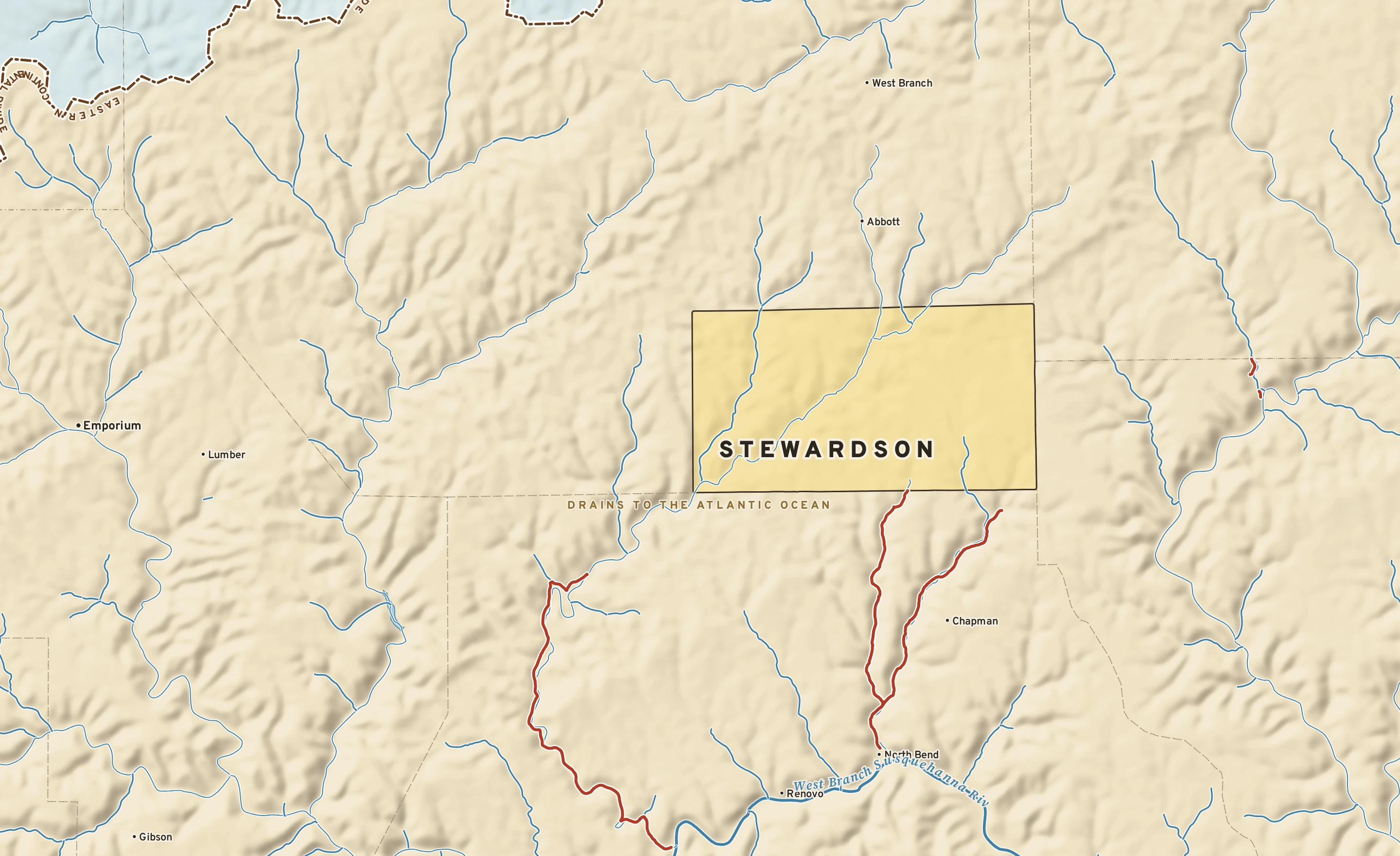 Shaded-relief atlas plate of Stewardson, Pennsylvania: rivers, roads, the city limits and where the water drains.