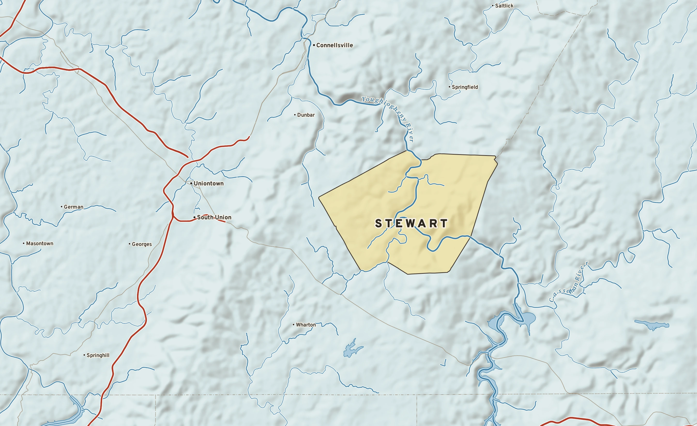Shaded-relief atlas plate of Stewart, Pennsylvania: rivers, roads, the city limits and where the water drains.