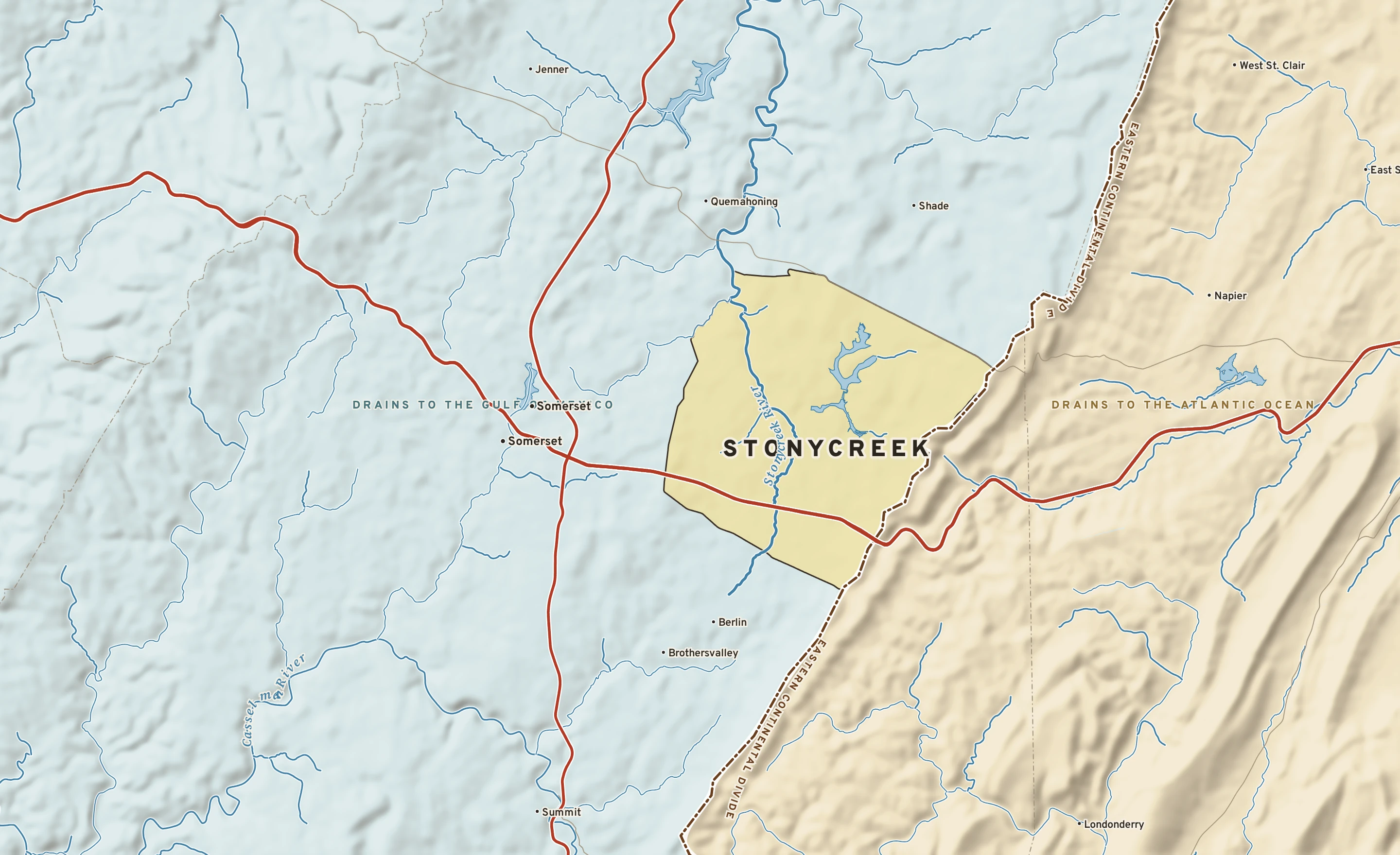 Shaded-relief atlas plate of Stonycreek, Pennsylvania: rivers, roads, the city limits and where the water drains.