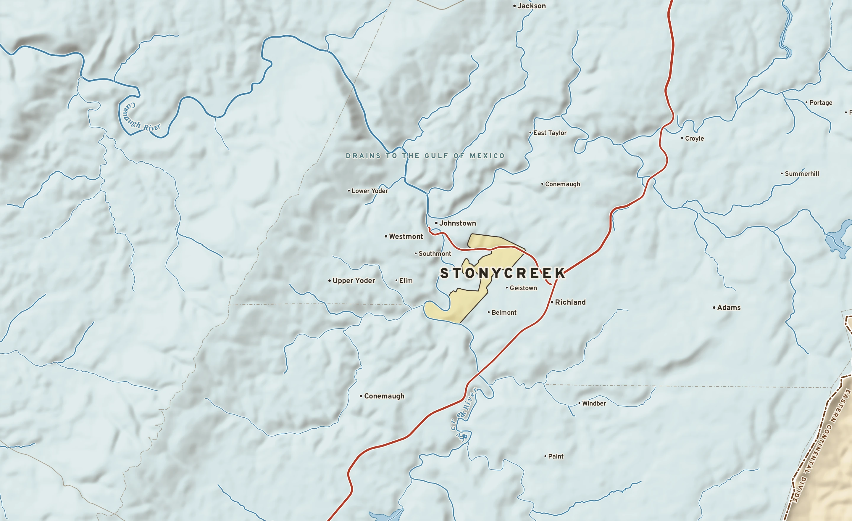 Shaded-relief atlas plate of Stonycreek, Pennsylvania: rivers, roads, the city limits and where the water drains.