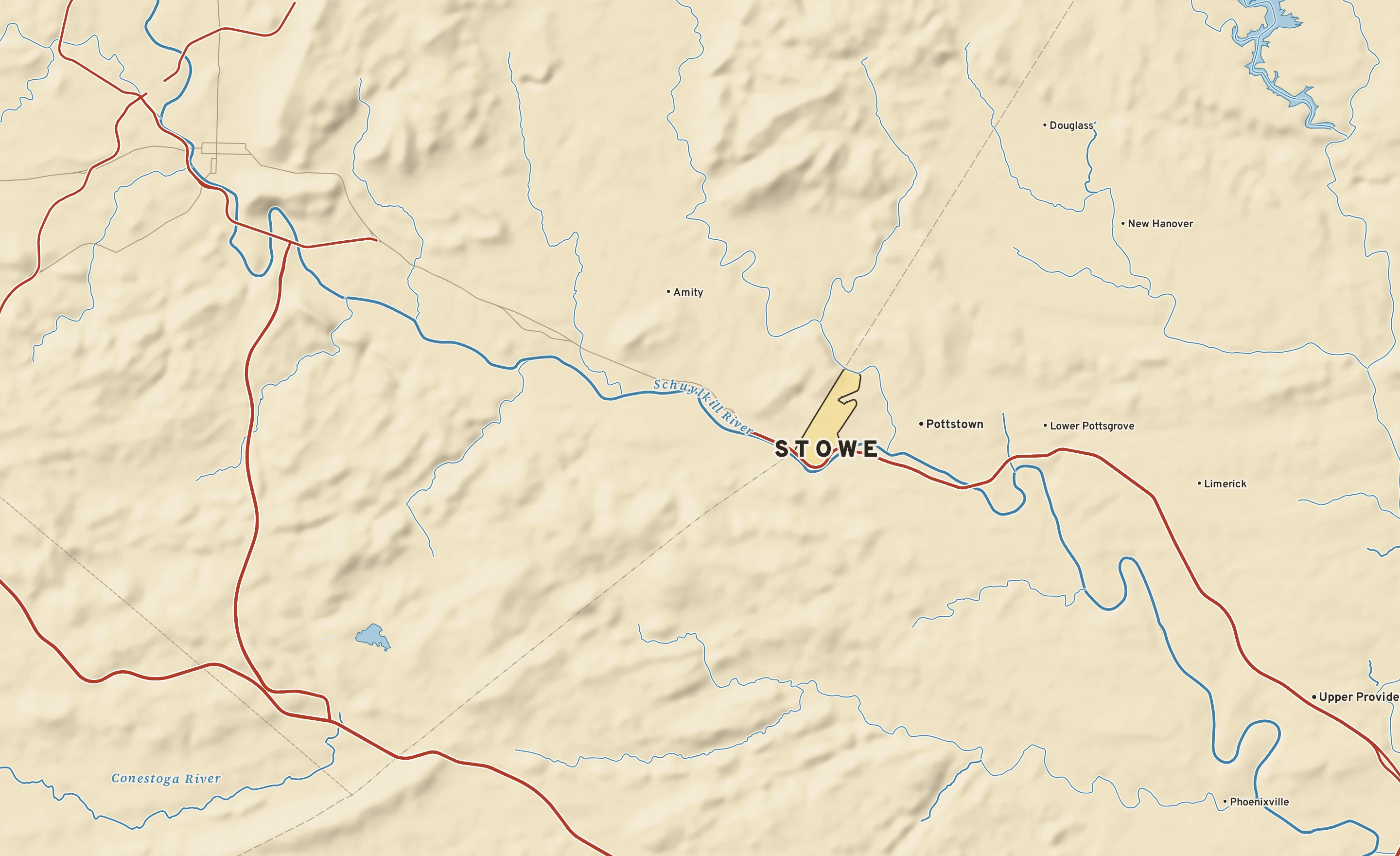 Shaded-relief atlas plate of Stowe, Pennsylvania: rivers, roads, the city limits and where the water drains.