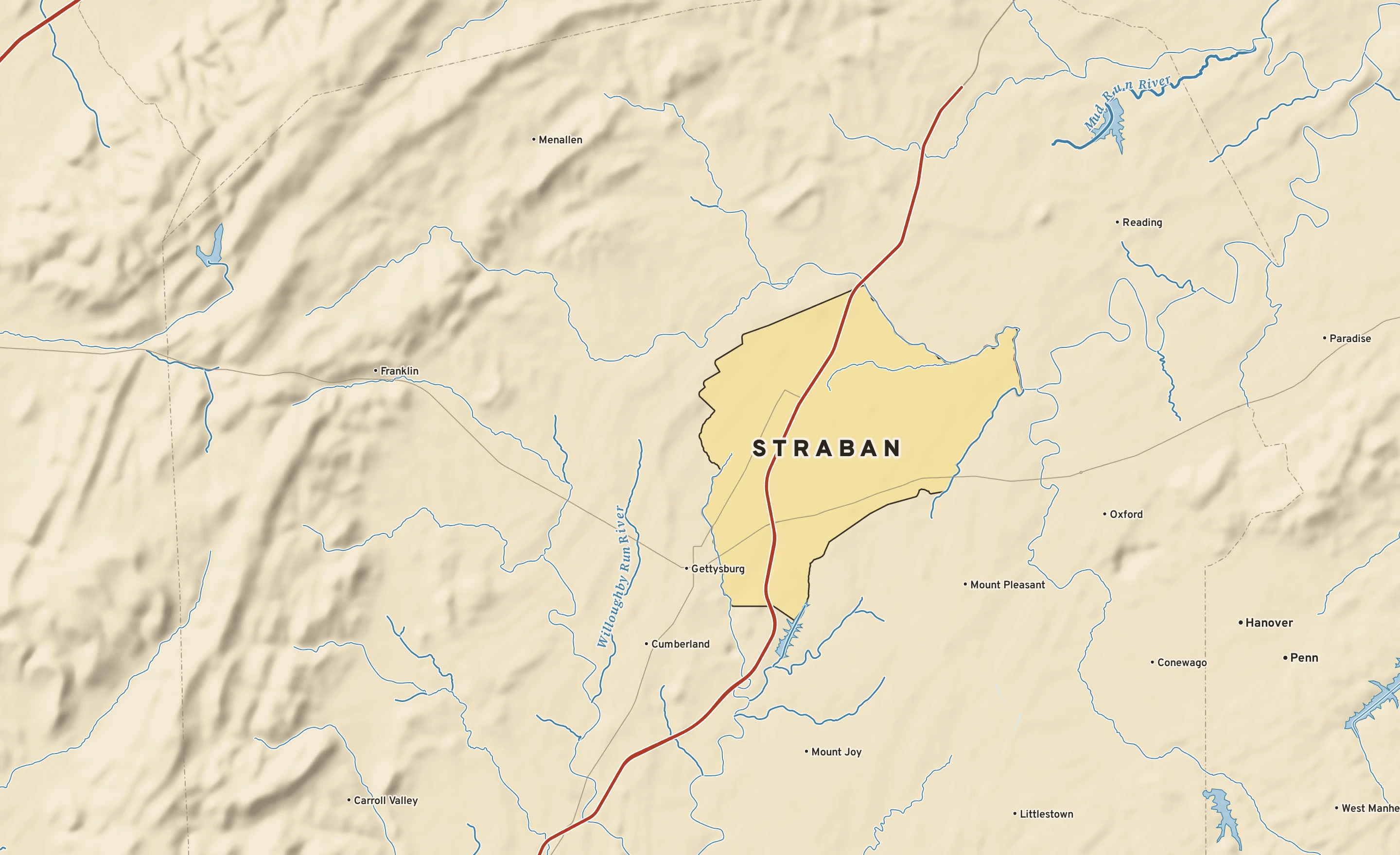 Shaded-relief atlas plate of Straban, Pennsylvania: rivers, roads, the city limits and where the water drains.