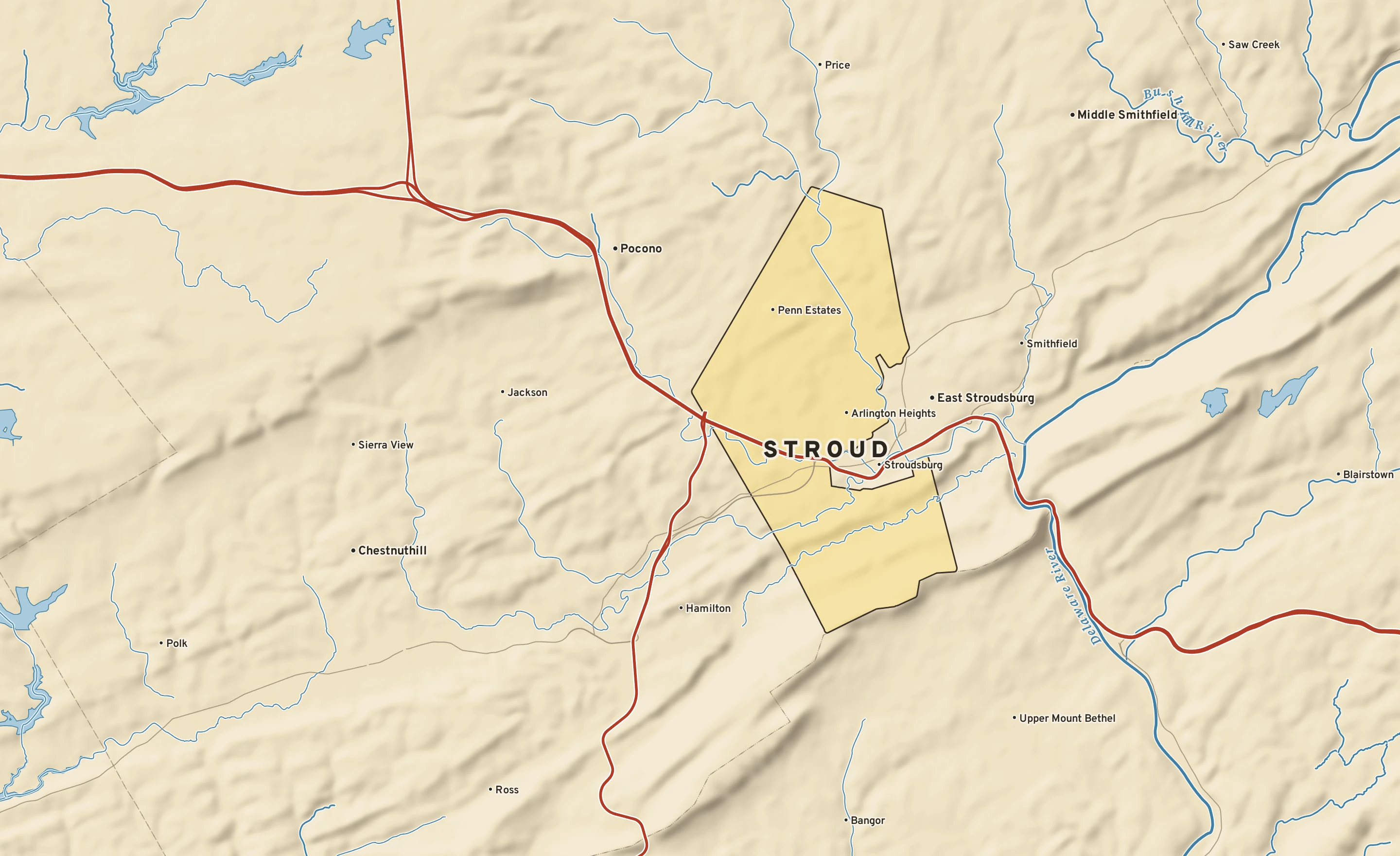 Shaded-relief atlas plate of Stroud, Pennsylvania: rivers, roads, the city limits and where the water drains.