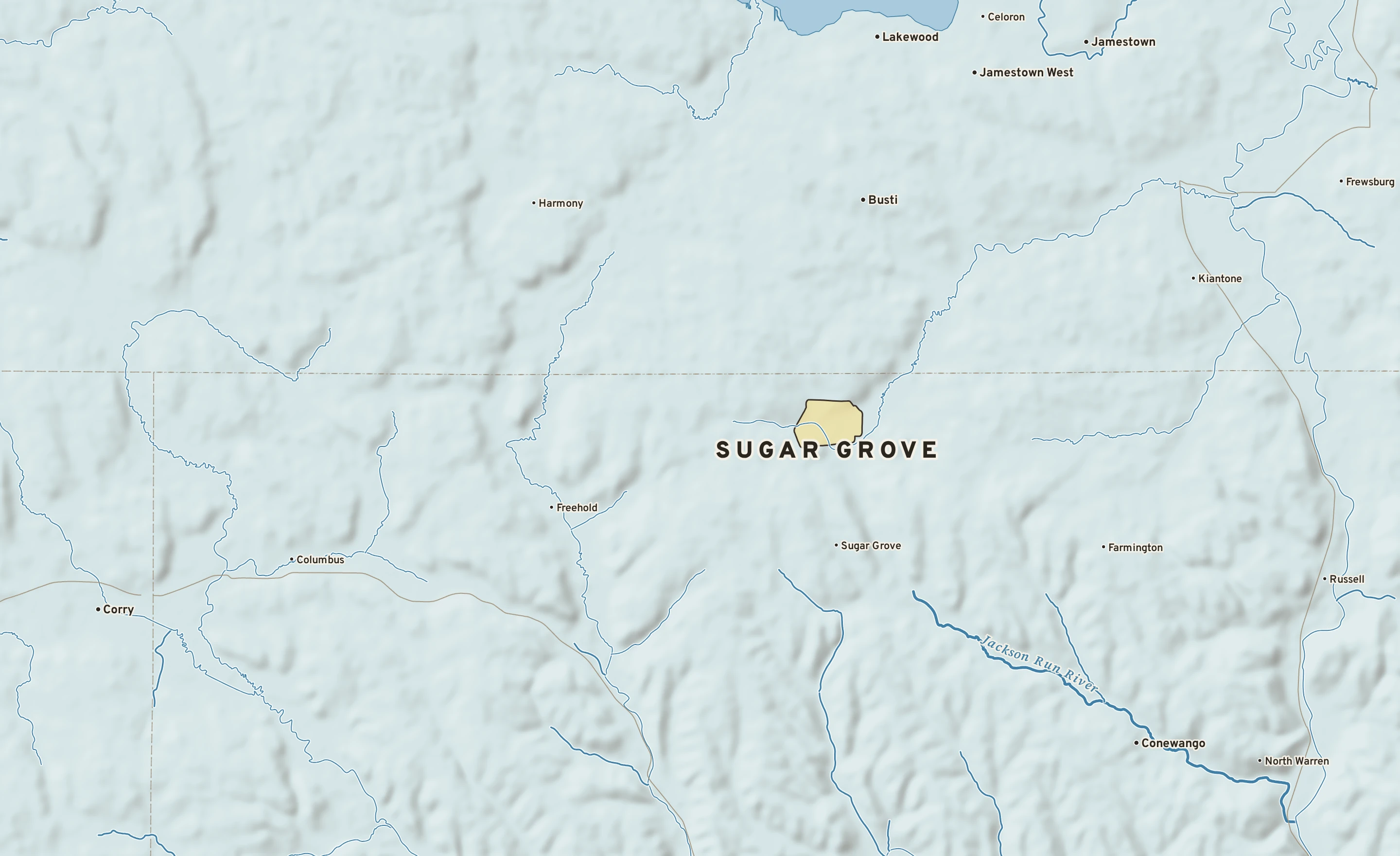 Shaded-relief atlas plate of Sugar Grove, Pennsylvania: rivers, roads, the city limits and where the water drains.