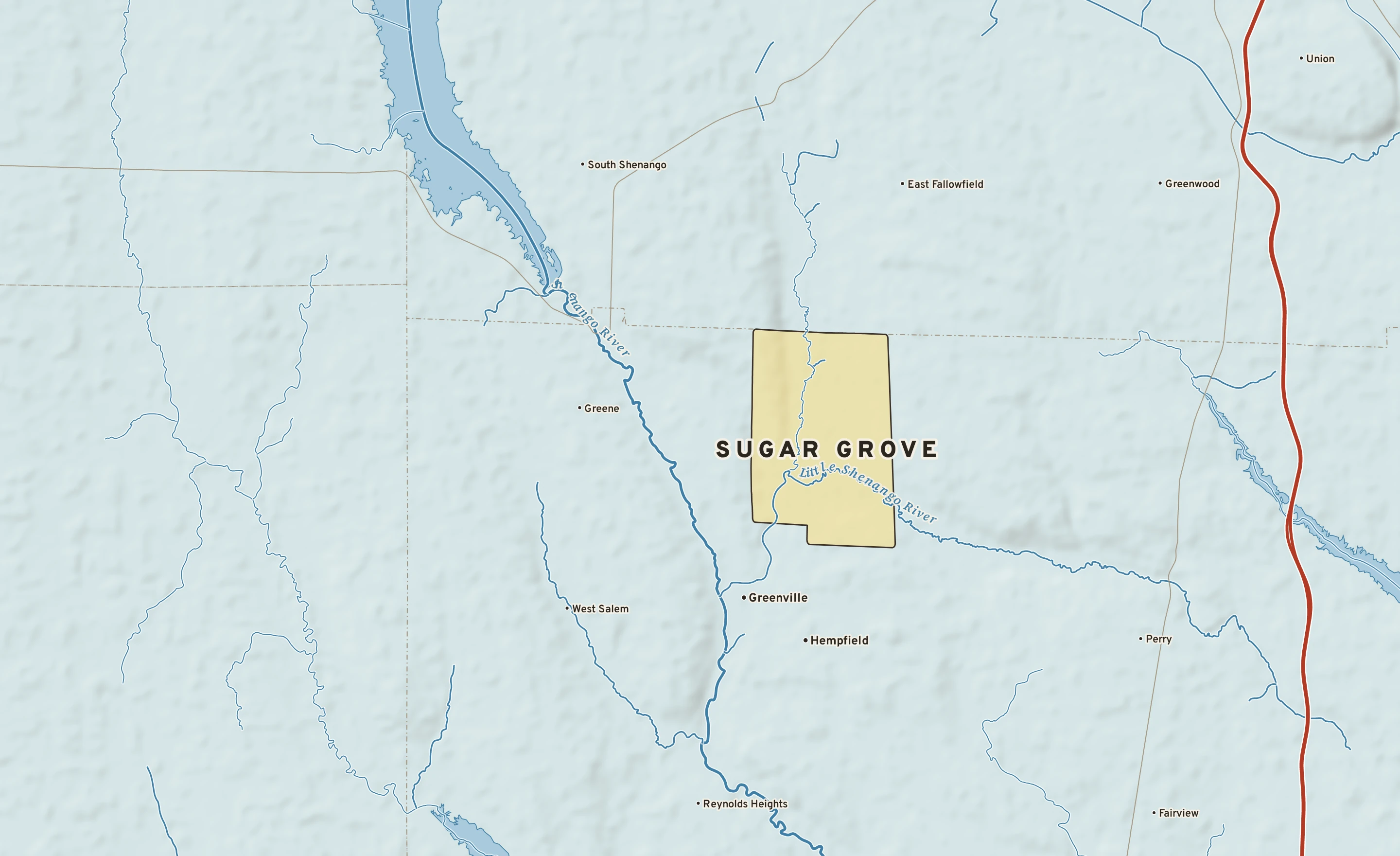 Shaded-relief atlas plate of Sugar Grove, Pennsylvania: rivers, roads, the city limits and where the water drains.
