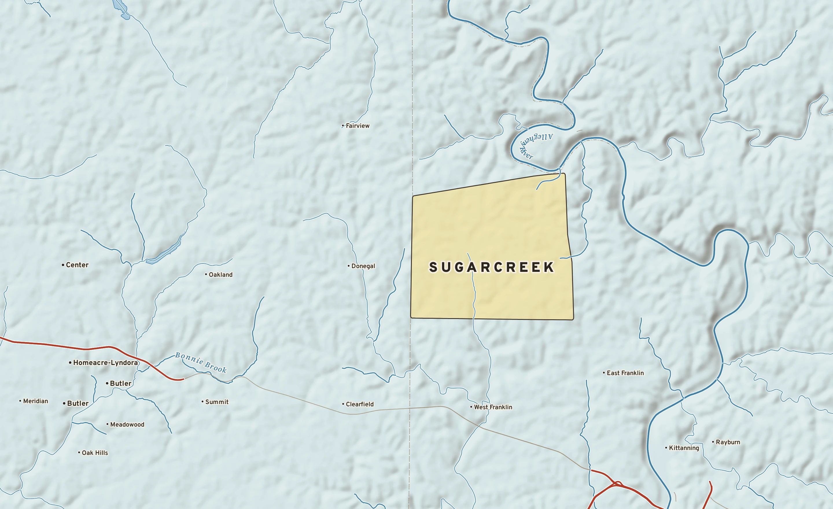 Shaded-relief atlas plate of Sugarcreek, Pennsylvania: rivers, roads, the city limits and where the water drains.