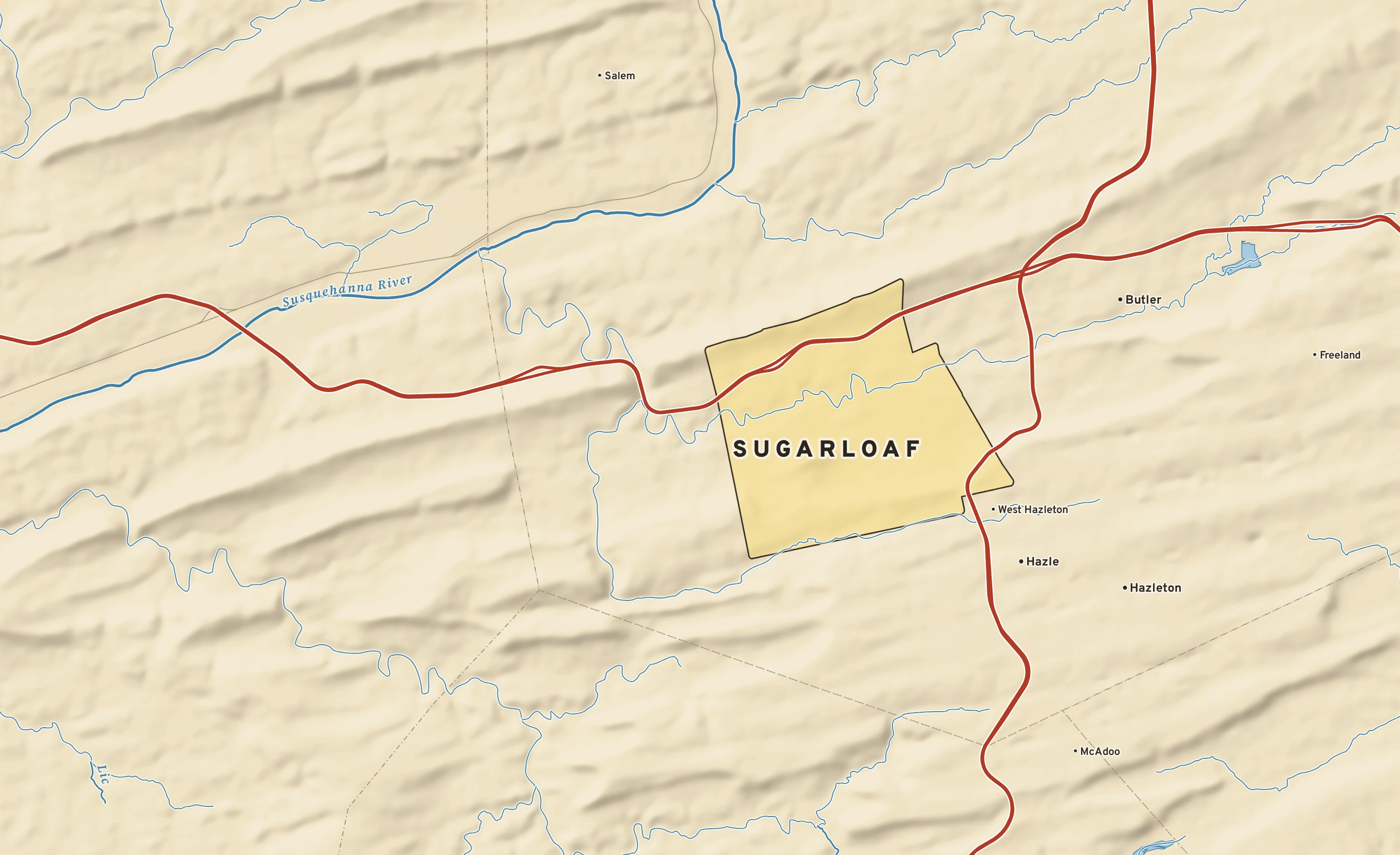 Shaded-relief atlas plate of Sugarloaf, Pennsylvania: rivers, roads, the city limits and where the water drains.