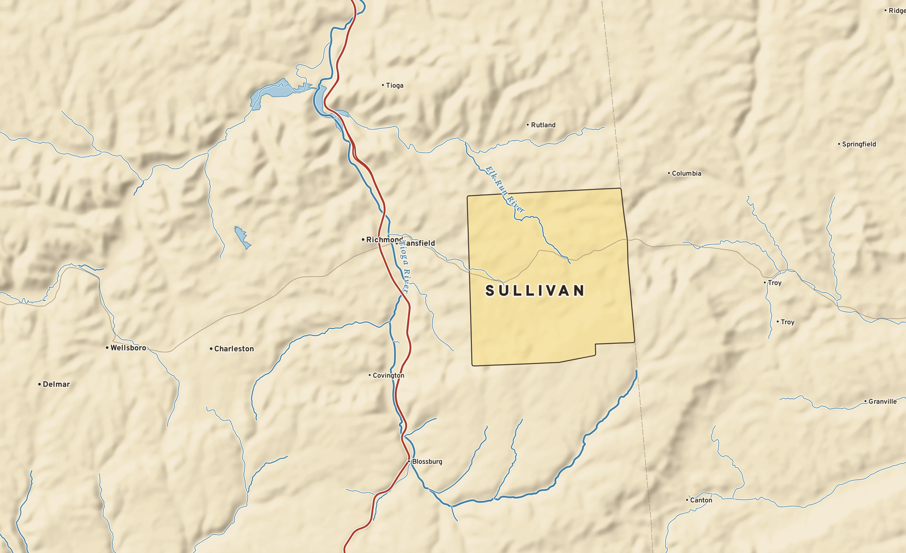 Shaded-relief atlas plate of Sullivan, Pennsylvania: rivers, roads, the city limits and where the water drains.