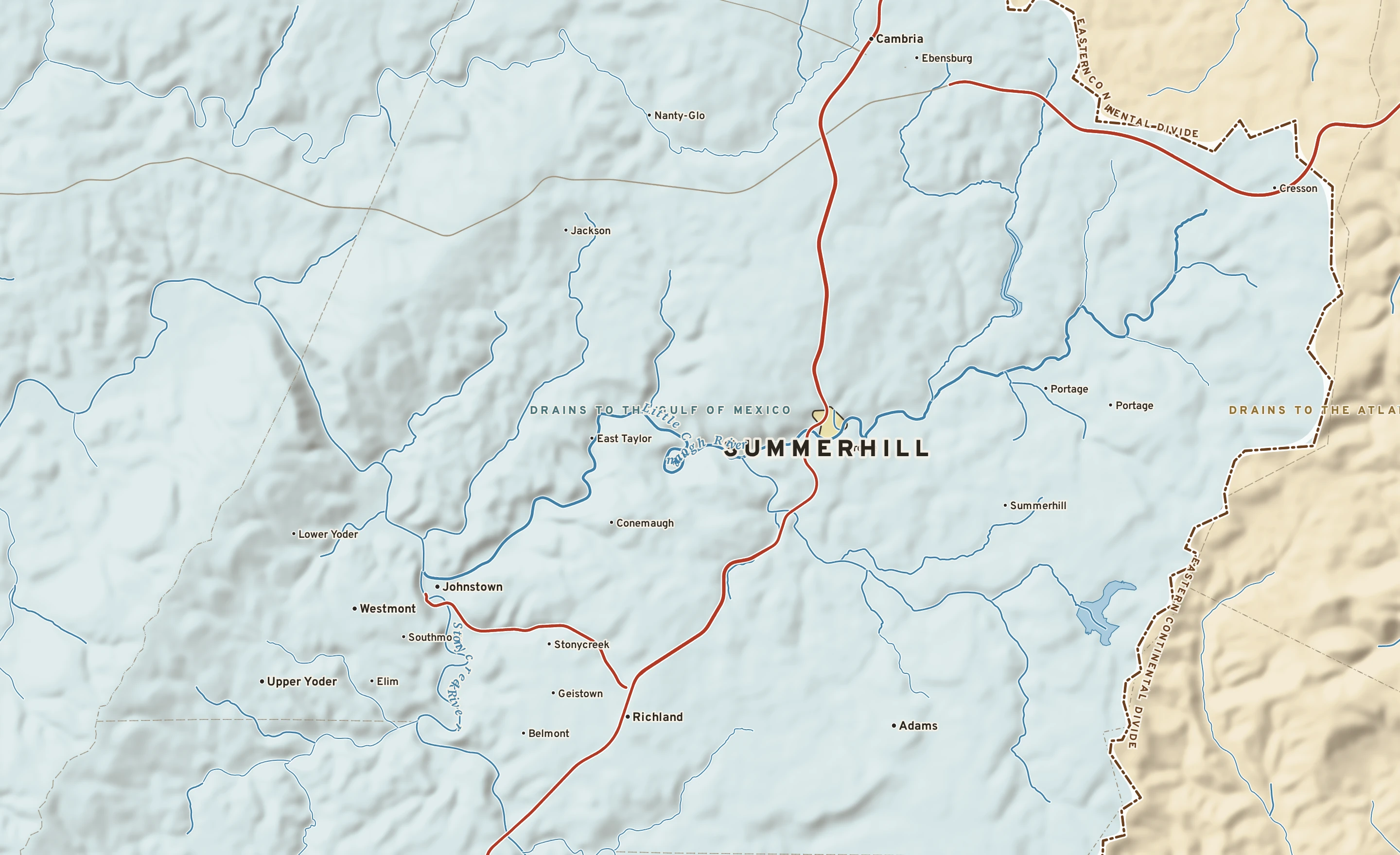 Shaded-relief atlas plate of Summerhill, Pennsylvania: rivers, roads, the city limits and where the water drains.