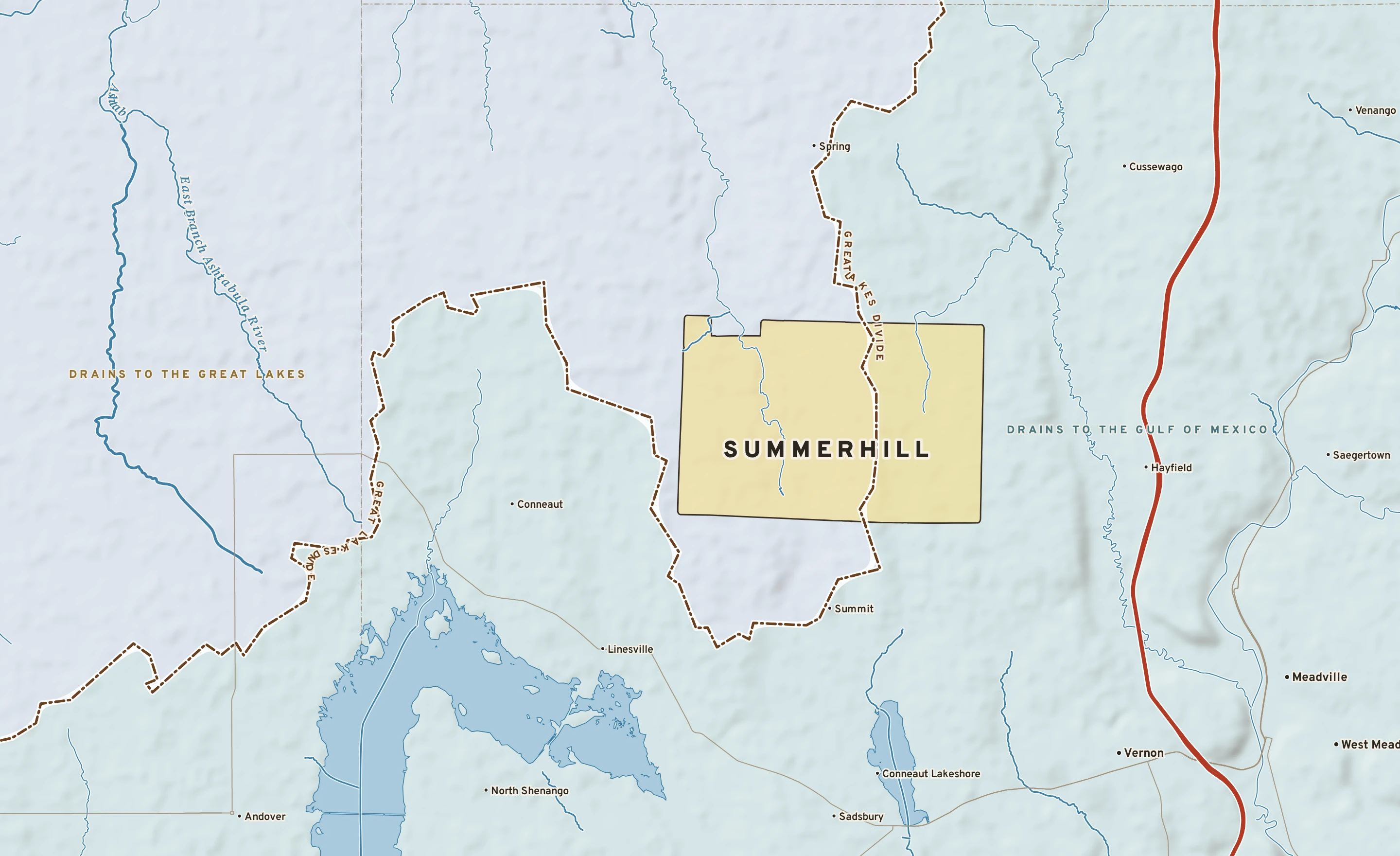 Shaded-relief atlas plate of Summerhill, Pennsylvania: rivers, roads, the city limits and where the water drains.