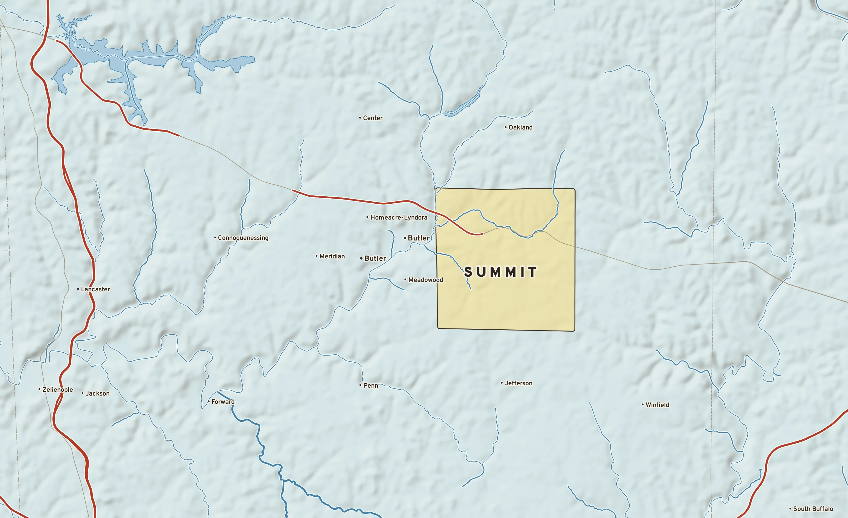 Shaded-relief atlas plate of Summit, Pennsylvania: rivers, roads, the city limits and where the water drains.