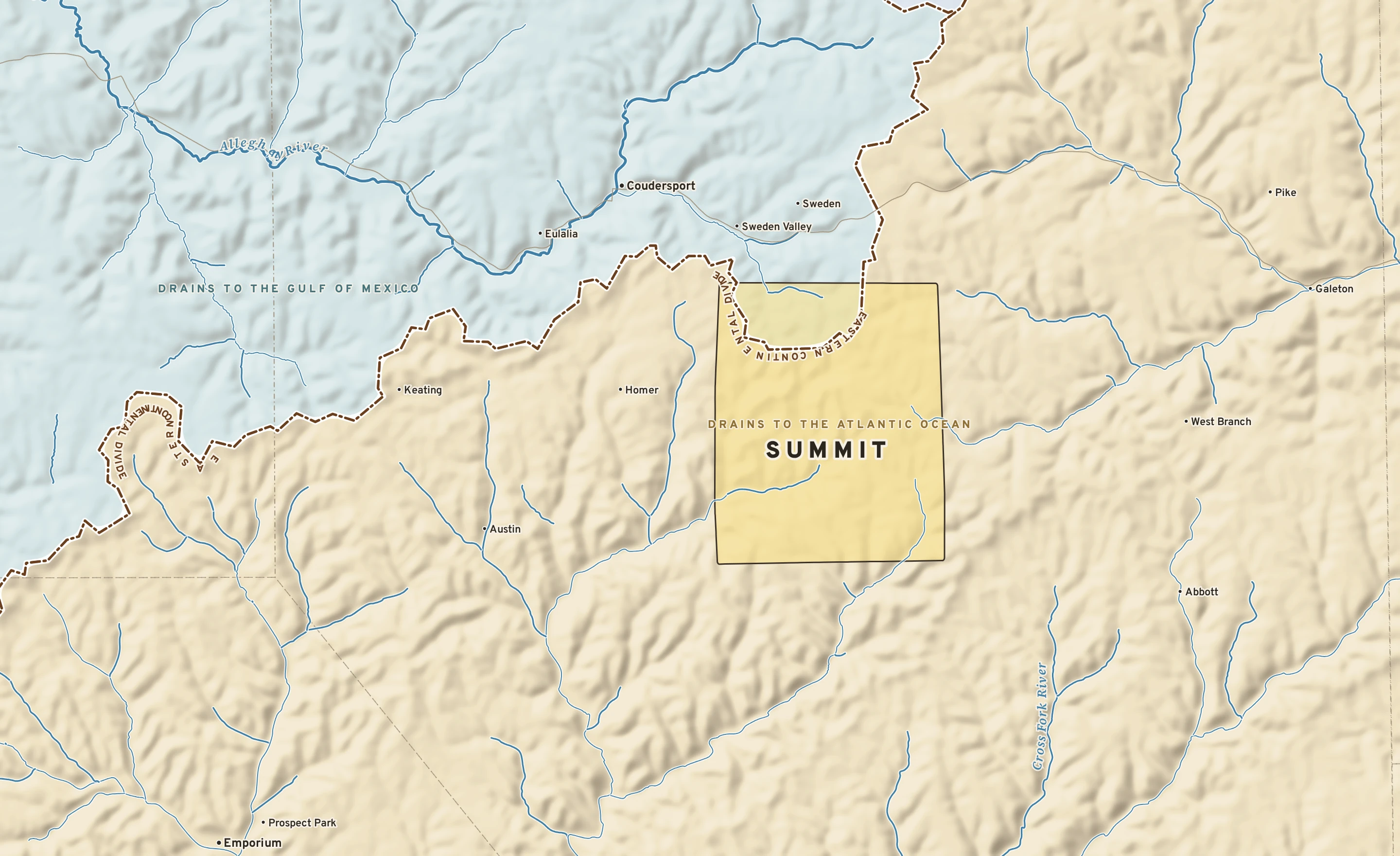 Shaded-relief atlas plate of Summit, Pennsylvania: rivers, roads, the city limits and where the water drains.