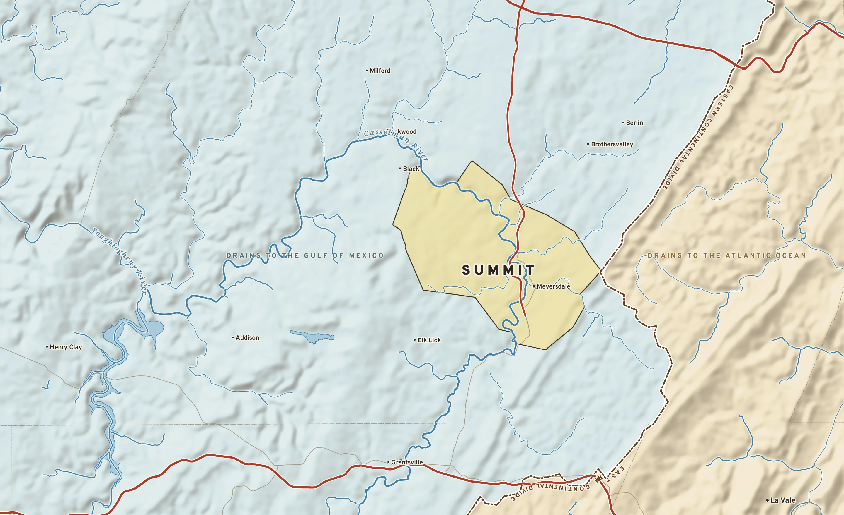 Shaded-relief atlas plate of Summit, Pennsylvania: rivers, roads, the city limits and where the water drains.